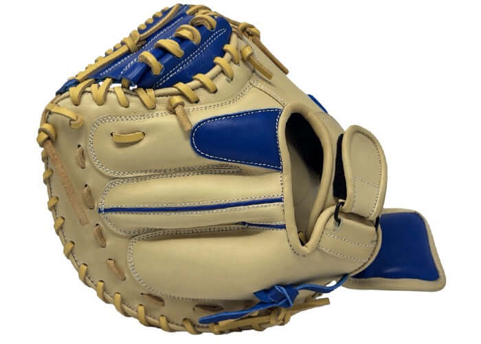 Front view of the Sacco Youth Ultra Smooth Kip 32.5" Catcher's Mitt in camel and royal, showcasing its premium leather and wrist flap.