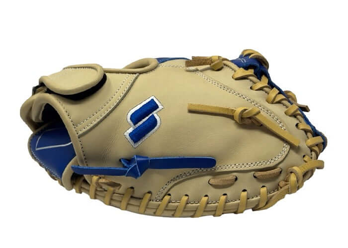 Sacco Youth Ultra Smooth Kip 32.5" catcher mitt side view in camel and royal colors, showcasing premium leather and wrist flap design.