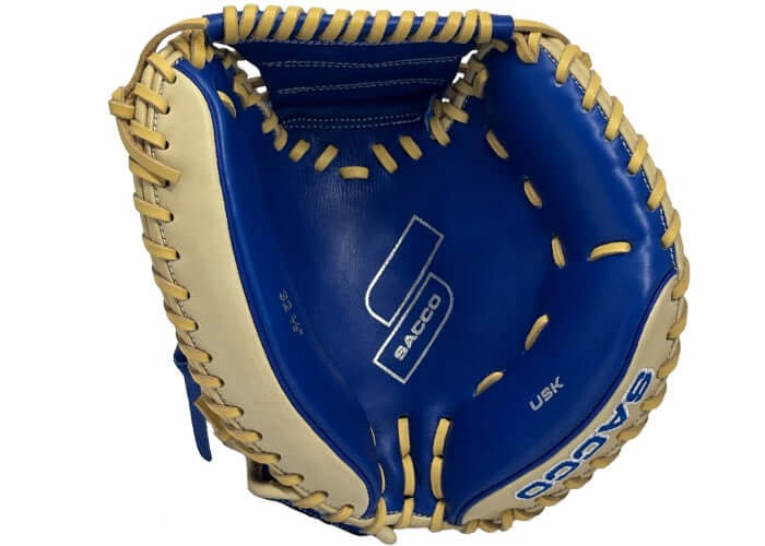 Front view of Sacco Youth 32.5" Catcher's Mitt in camel and royal colors, showcasing smooth kip leather and wrist flap design.