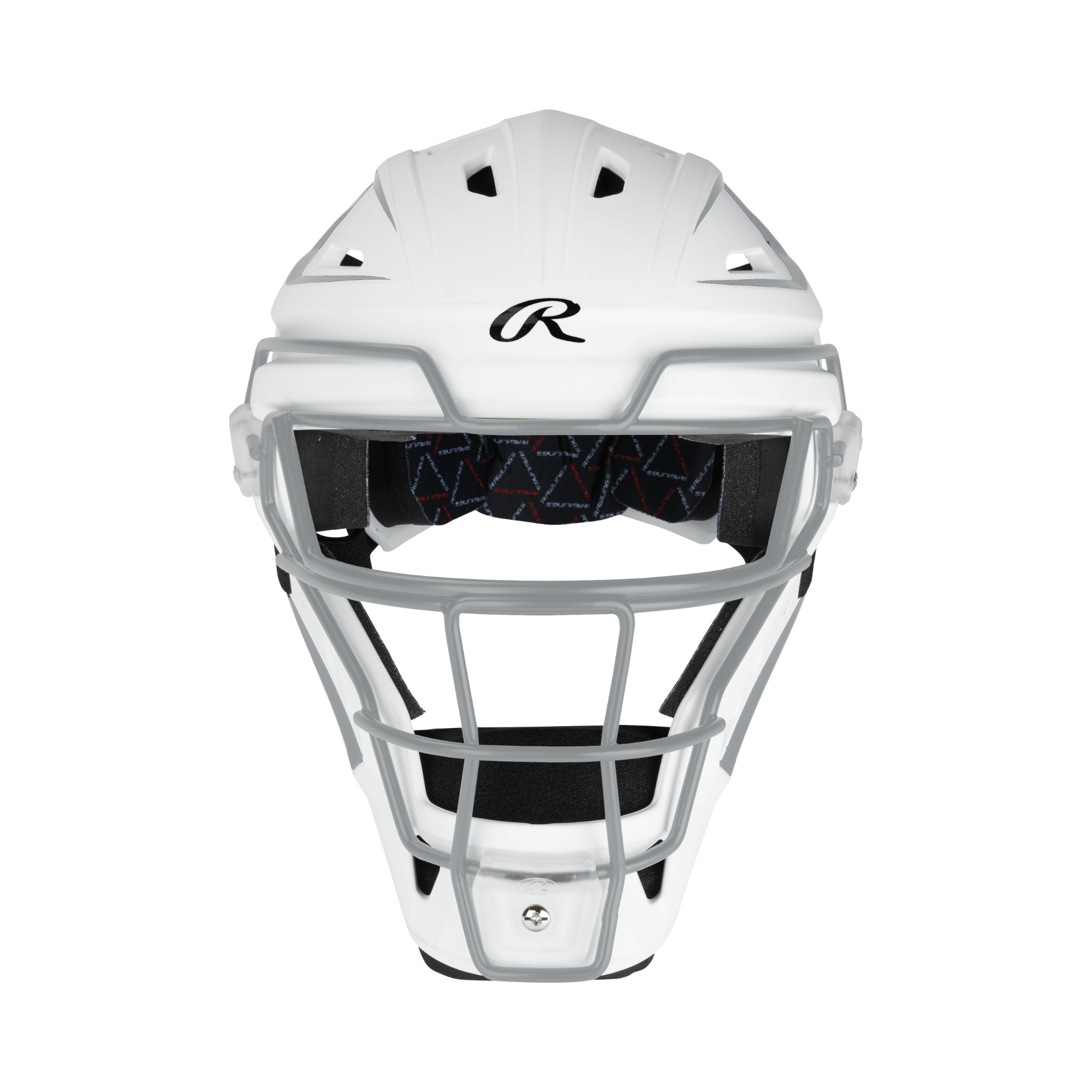 Rawlings Velo 2.0 fastpitch catcher’s hockey-style helmet in white with adjustable interior for optimal protection and comfort.