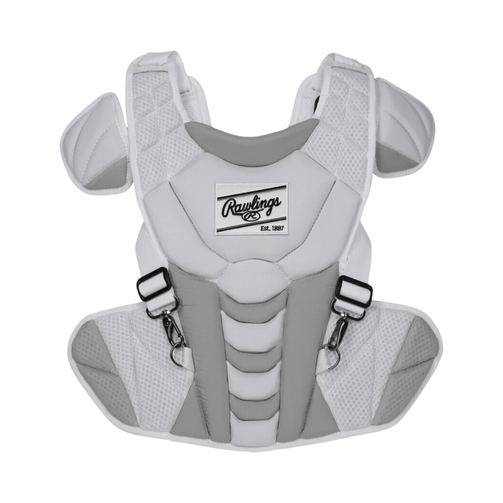 Rawlings Velo 2.0 fastpitch softball chest protector in white and silver with adjustable straps.