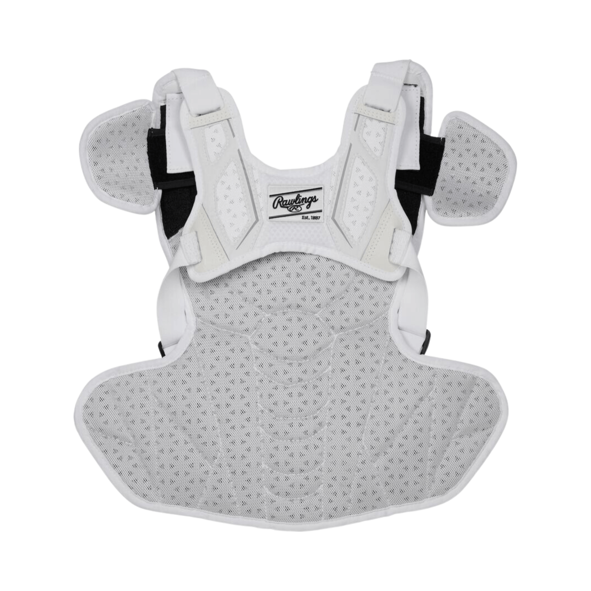 Rawlings Velo 2.0 fastpitch softball chest protector in white with gray accents and adjustable straps for optimal fit.