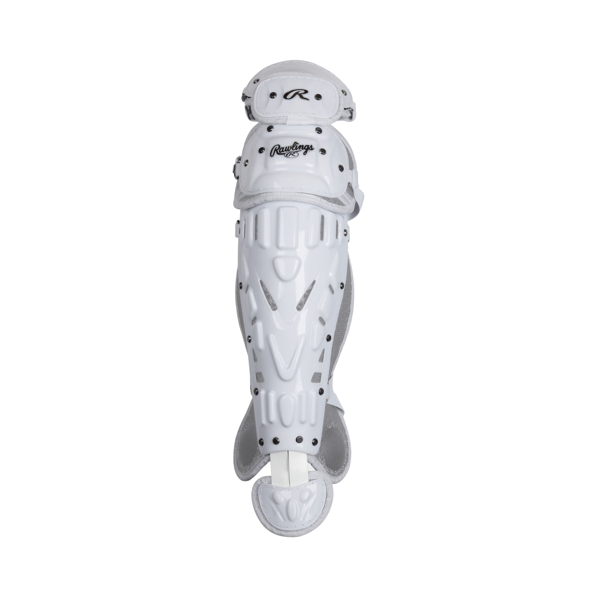 Rawlings Velo 2.0 Series softball leg guard, lightweight white design with protective features for catchers.