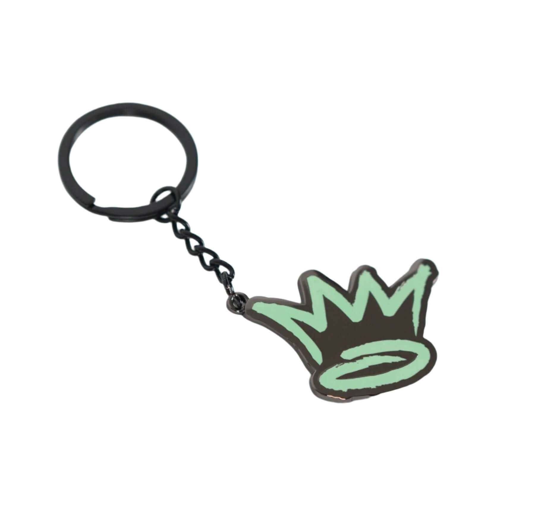 King of Juco enamel keychain with crown design, attached to a black metal keyring, perfect for accessorizing keys or bags.