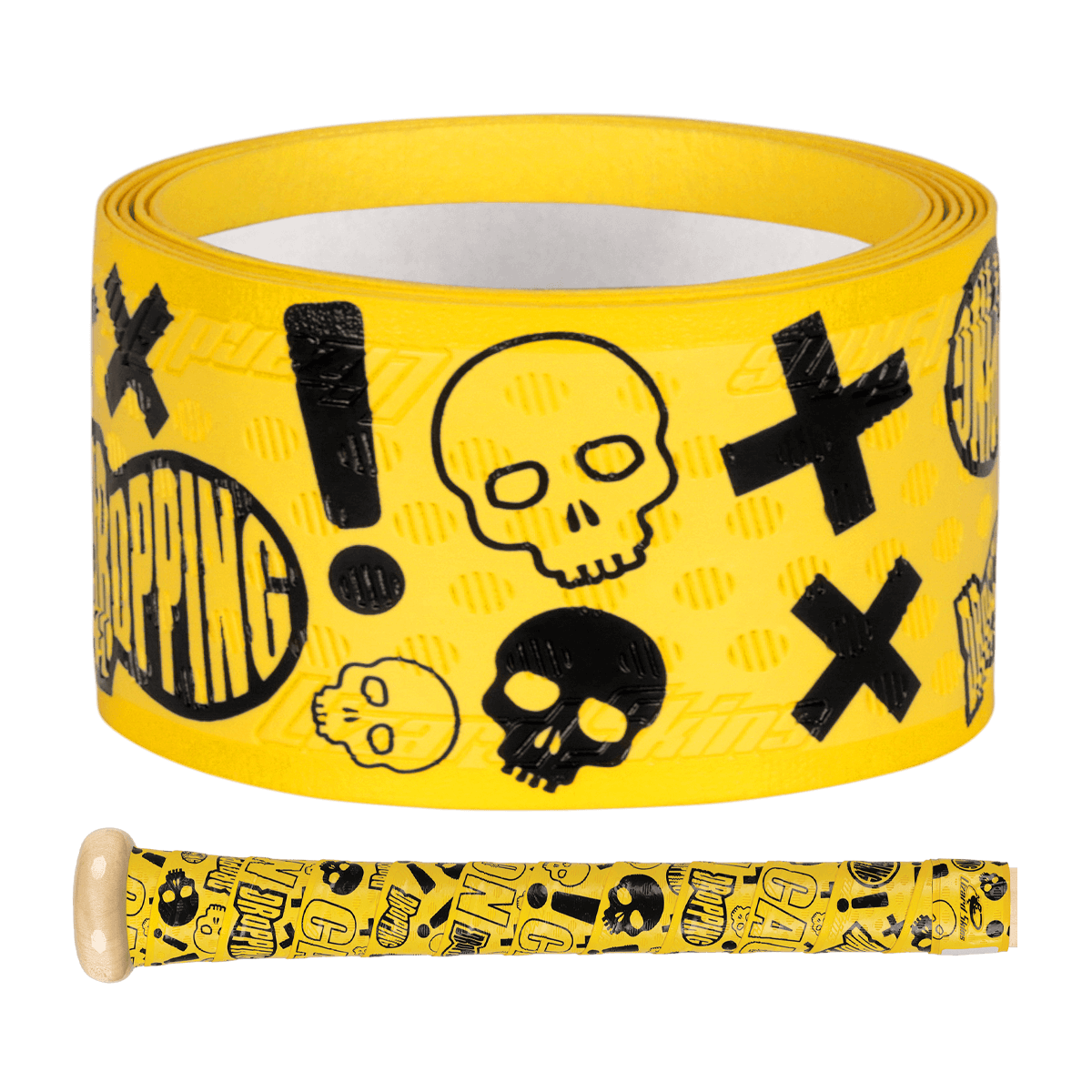 Lizard Skins DSP Ultra Bat Grip in yellow with skulls and graphic design for enhanced performance and style.