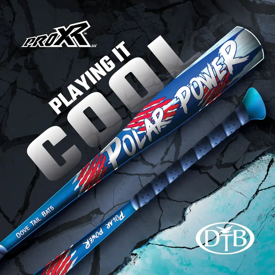 Dove Tail Bats Polar Power metal bat featuring ProXR knob technology, red/white/blue design, and "Playing It Cool" slogan.