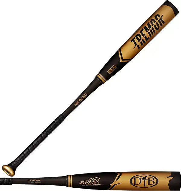 Dove Tail Bats Tremor BBCOR metal bat in black and gold with ProXR knob technology, available in various lengths.