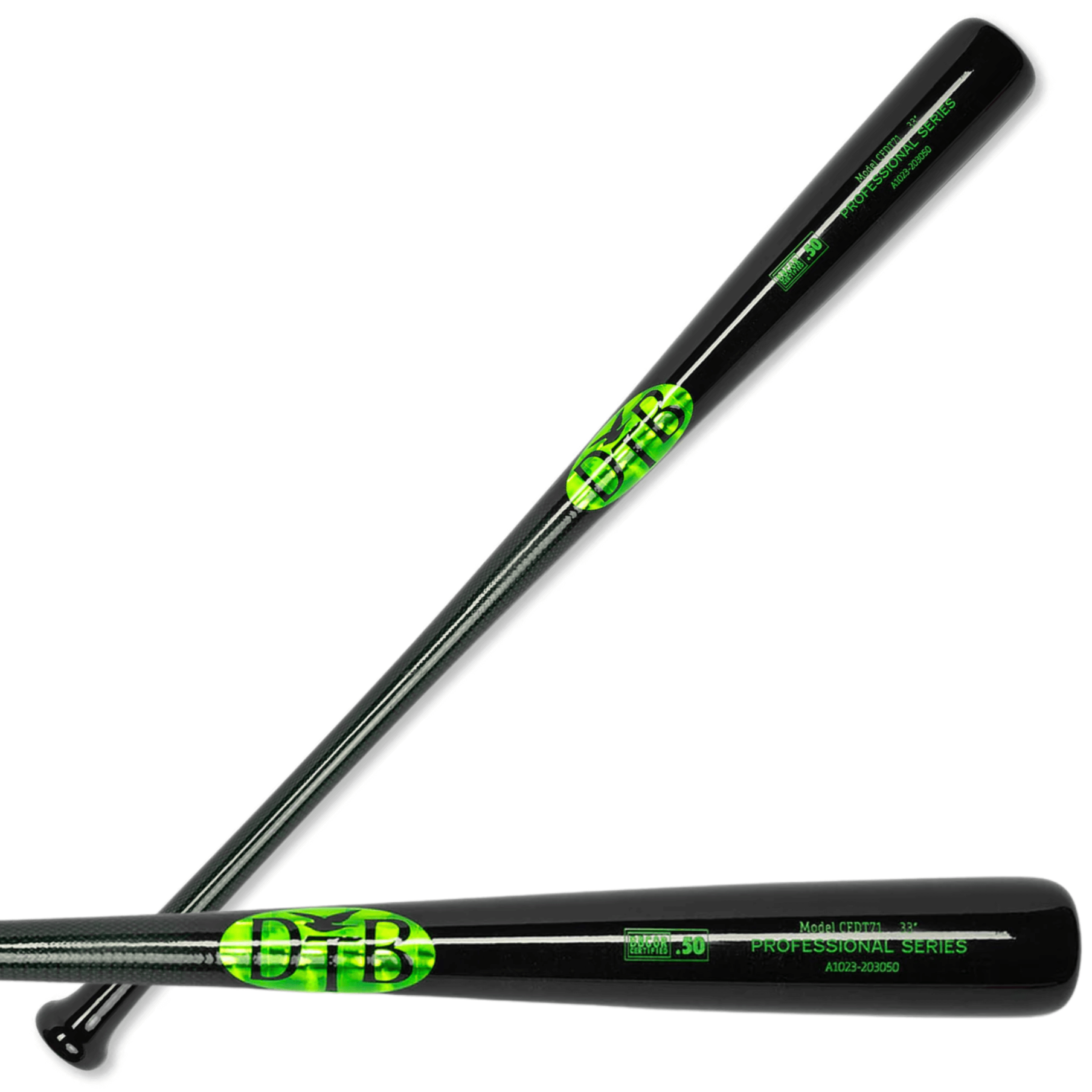 Dove Tail Bats CF911SD carbon reinforced wood bat featuring sleek black finish and vibrant green logo.