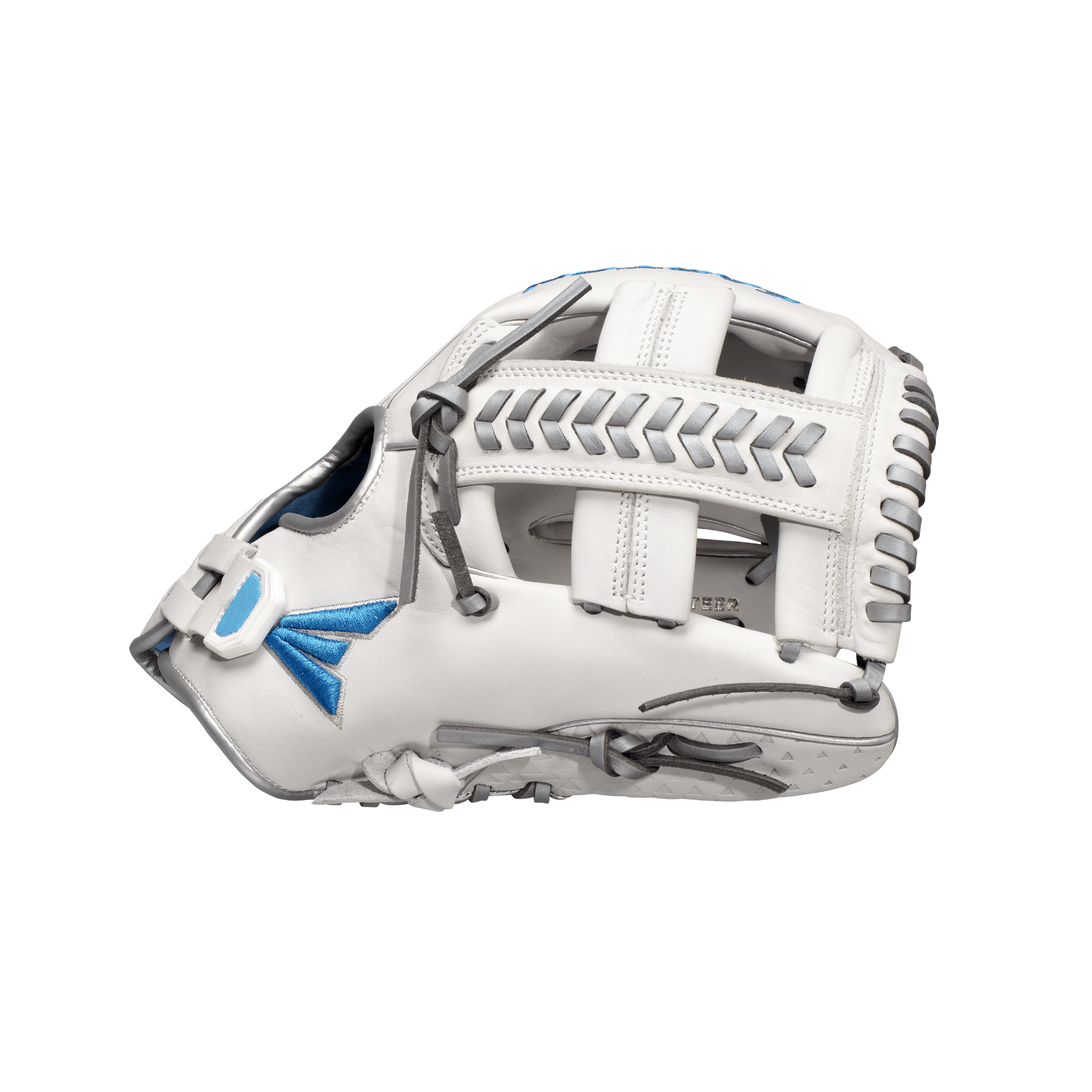 Easton Ghost NX FP Series 11.75” softball glove in white with blue accents, ideal for fastpitch players.