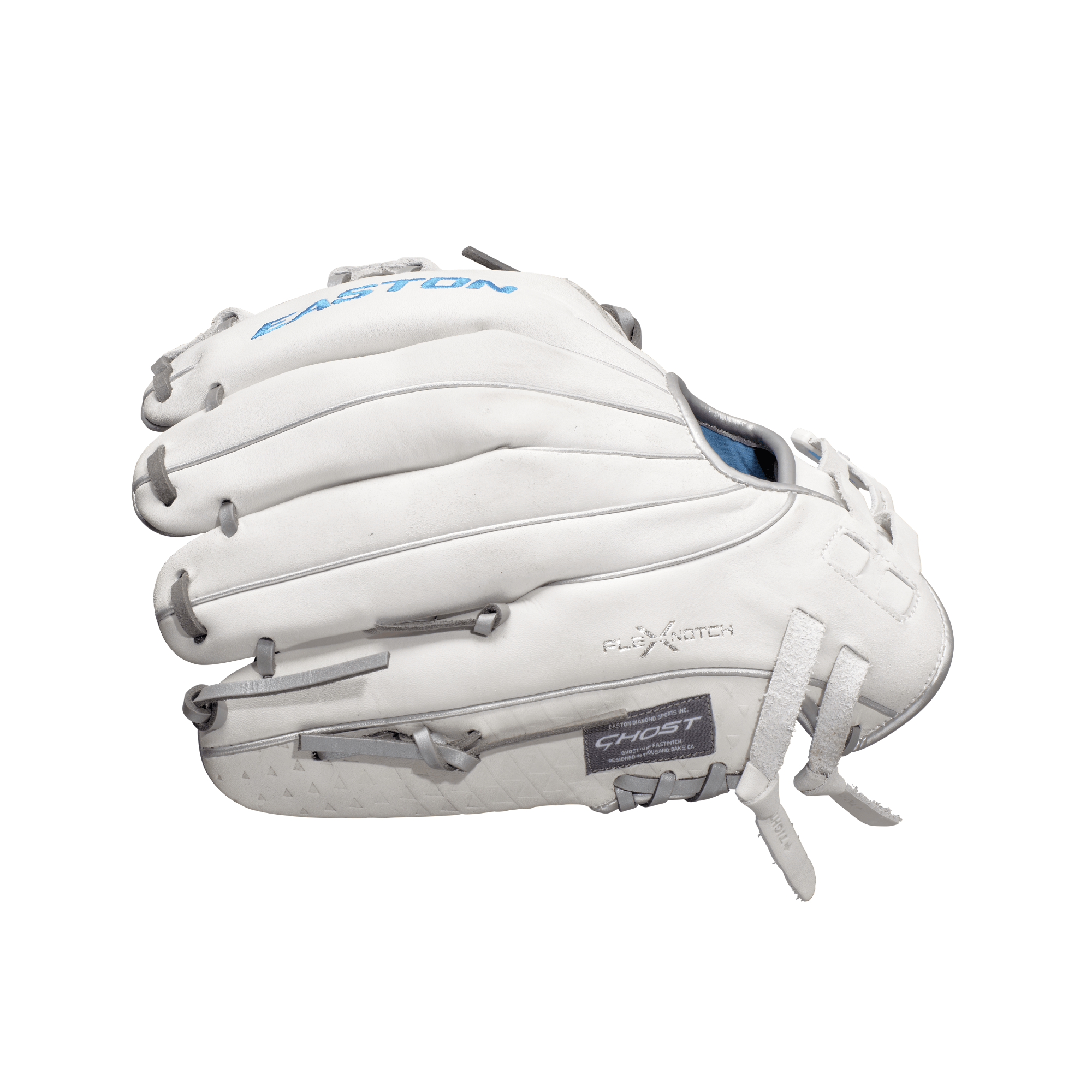 Easton Ghost NX 11.75” Fastpitch Softball Glove in white with Flex Notch closure system for easy handling.
