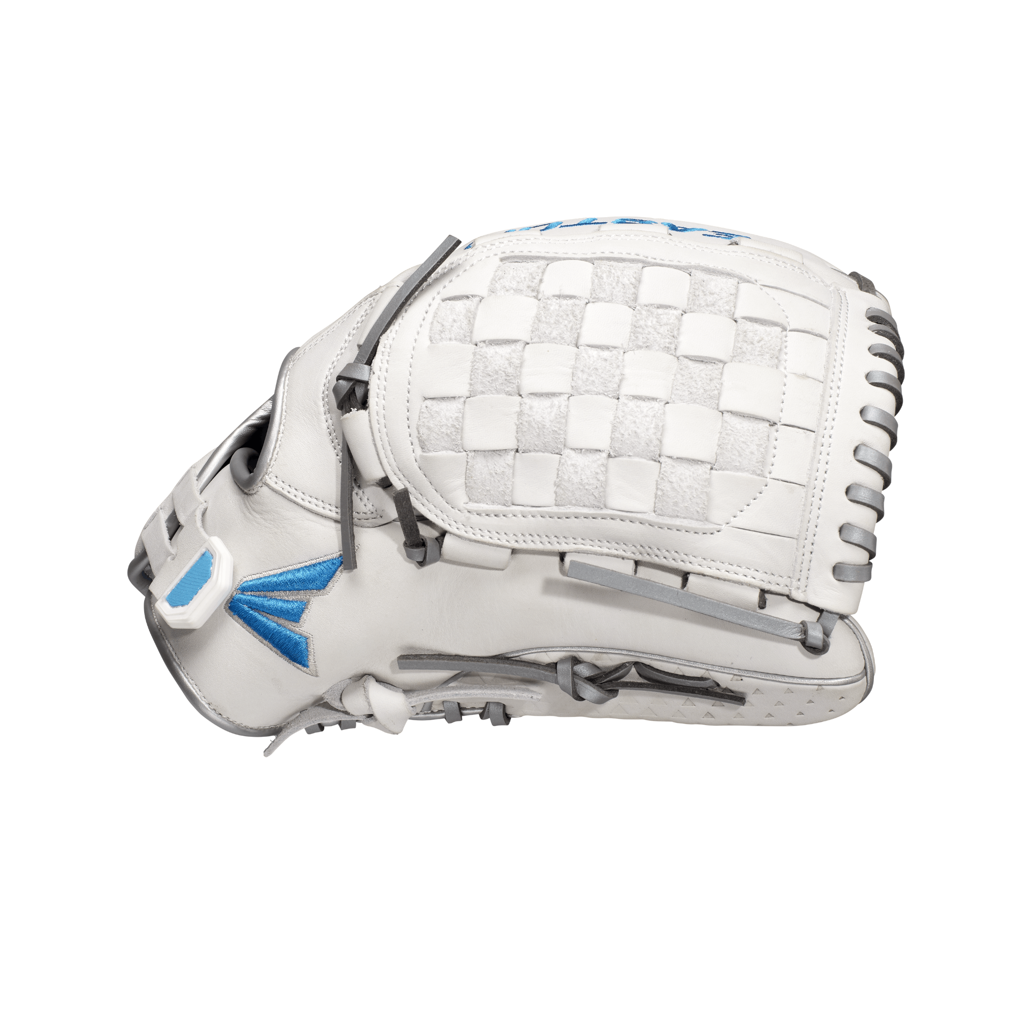Easton Ghost NX 12.5-inch fastpitch softball glove in white with blue accents and woven design.