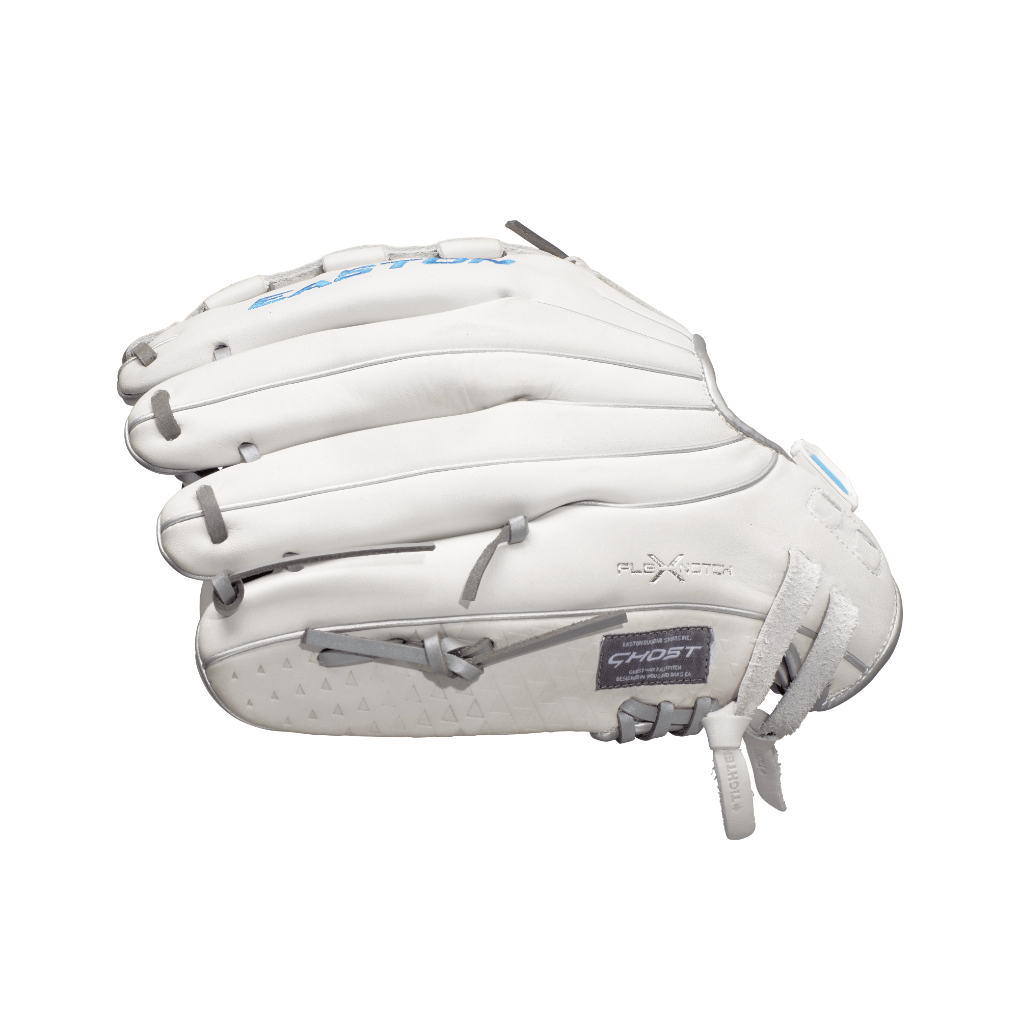 Easton Ghost NX 12.5-inch Fastpitch glove in white, featuring Flex Notch closure and Game Ready Diamond Pro Steer leather.