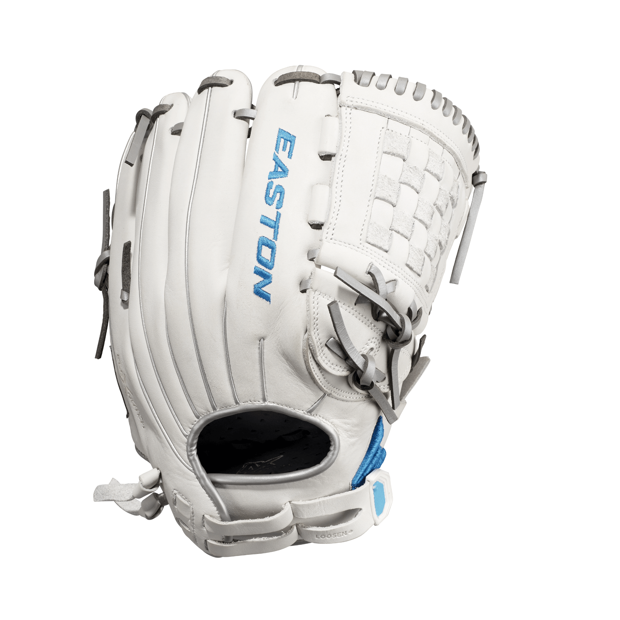 Easton Ghost NX FP Series Softball Glove 12.5” LHT in white with blue accents, designed for elite fastpitch play.