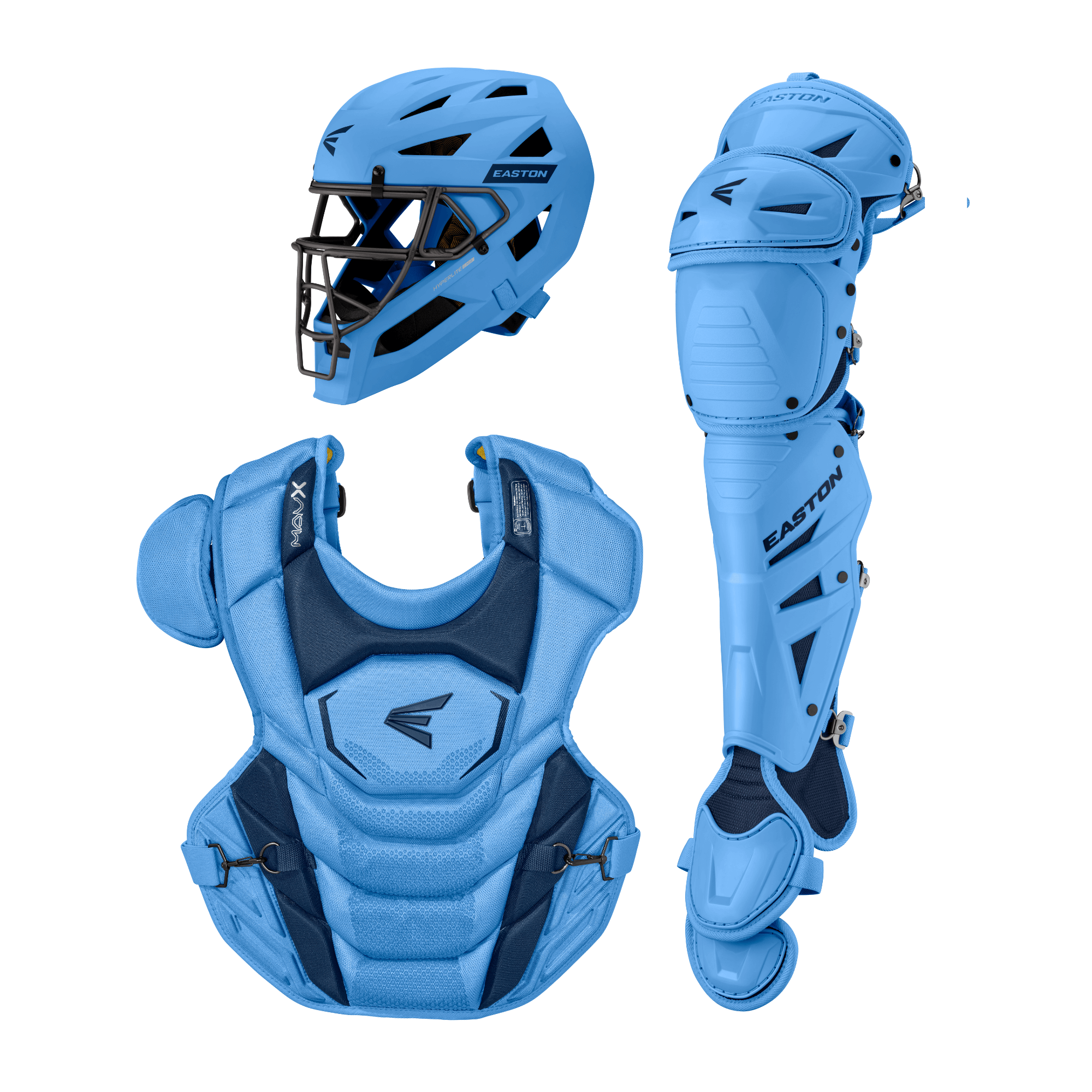Easton MAVXKIT Catcher’s Set full gear front view including helmet, chest protector and leg guards.