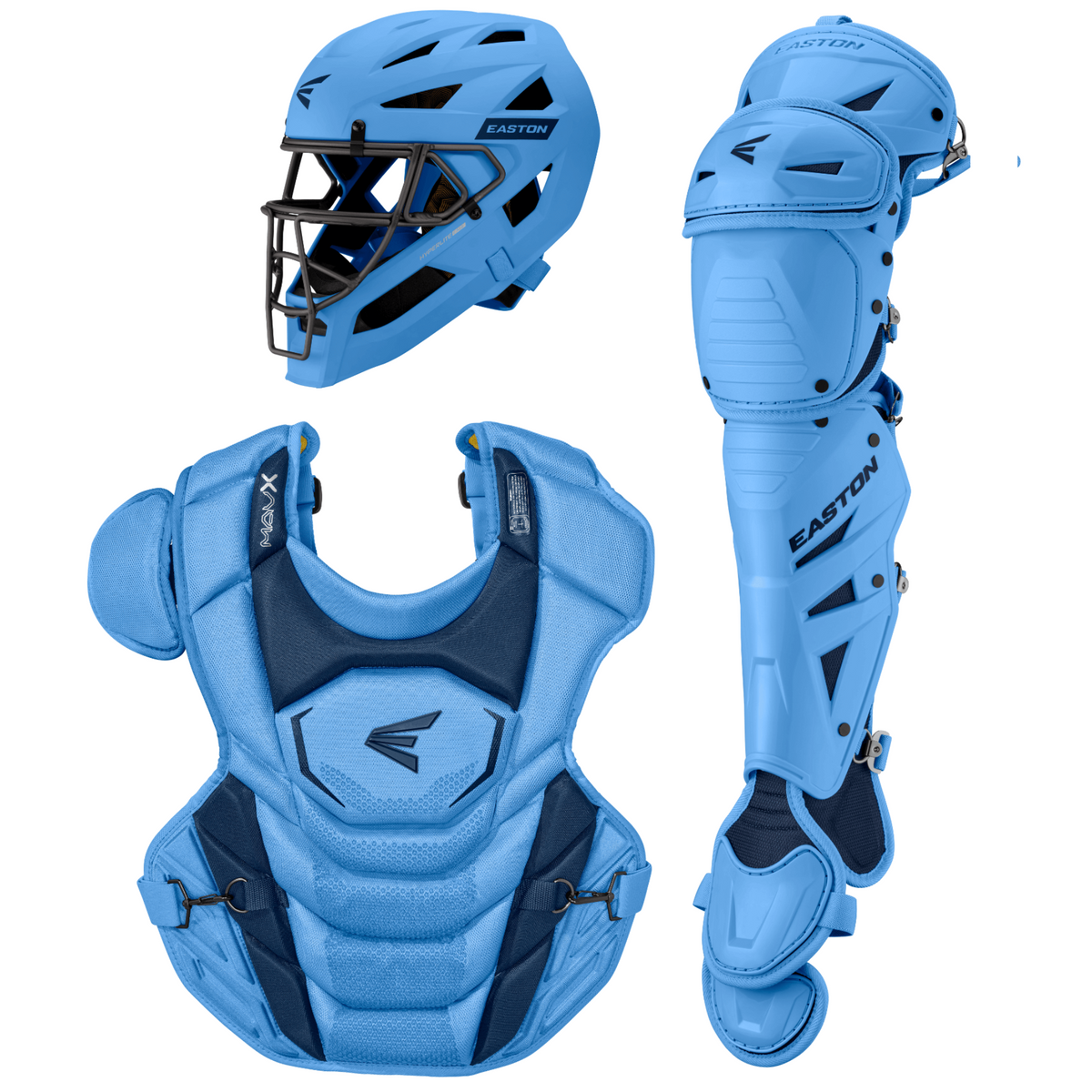 Easton MAVXKIT Catcher's Set helmet, chest protector, leg guards in blue, front view, showing brand logo and advanced padding.