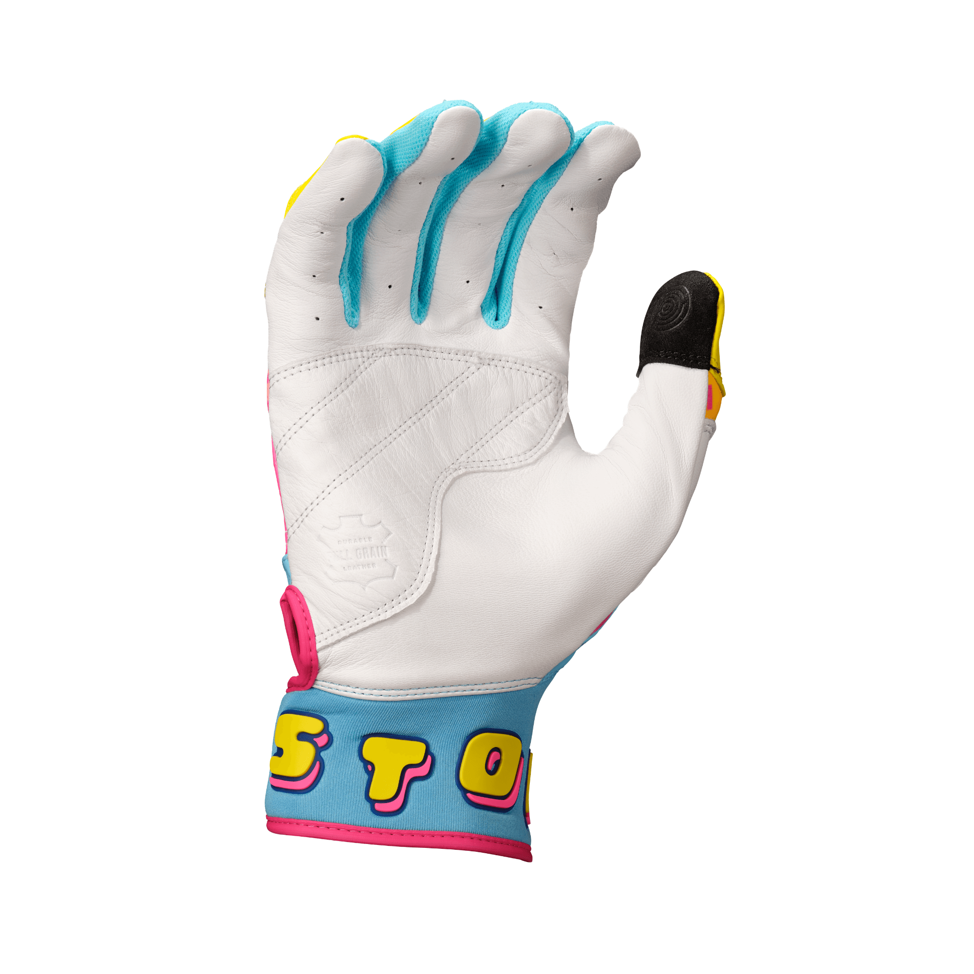 Backhand view of Easton Walk-Off Ethos Youth Batting Gloves - Aqua/Pink showing colorful wristband and thumb padding.