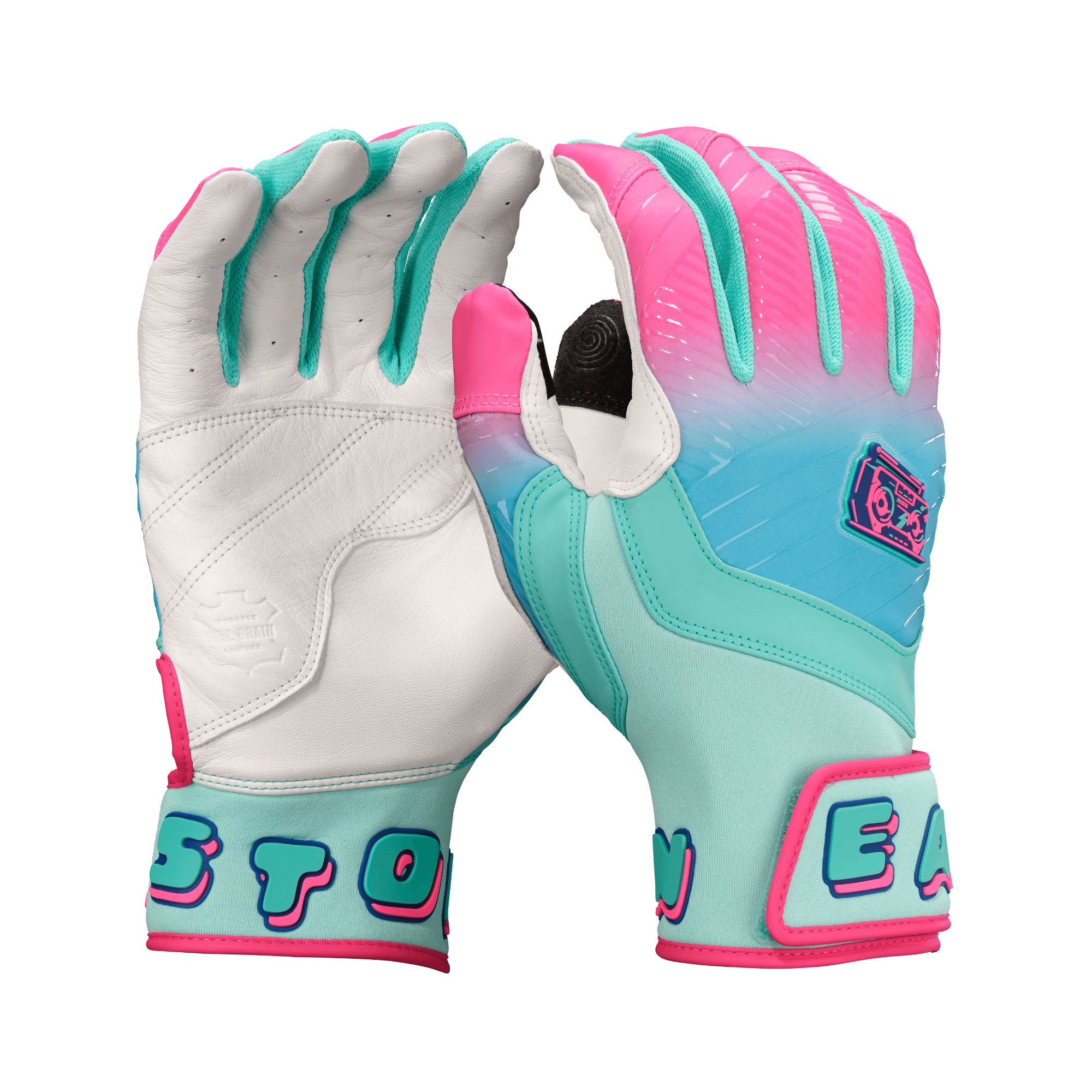 Easton Walk-Off Ethos Youth Batting Gloves - Aqua/Pink, palm and backhand view, with bold retro styling and logo on wrist.