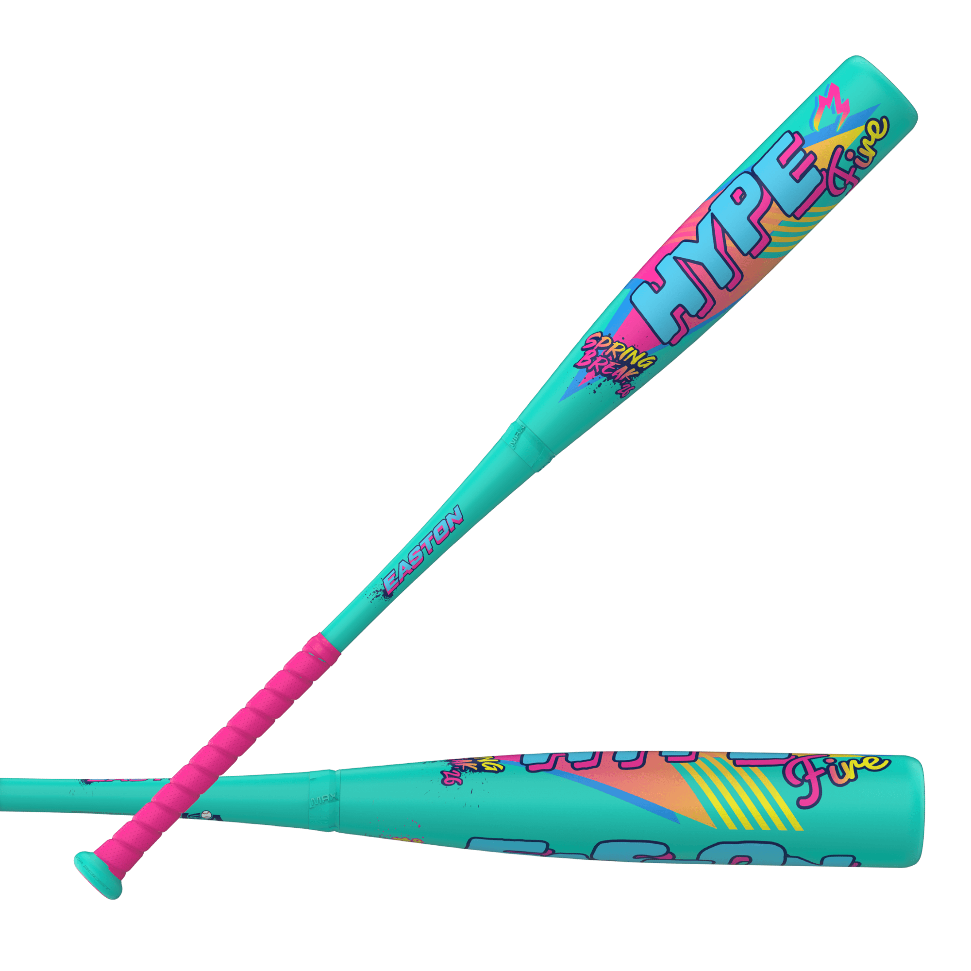 Easton Hype Fire USA (-11) Baseball Bat side profile with vibrant retro graphics on turquoise barrel.