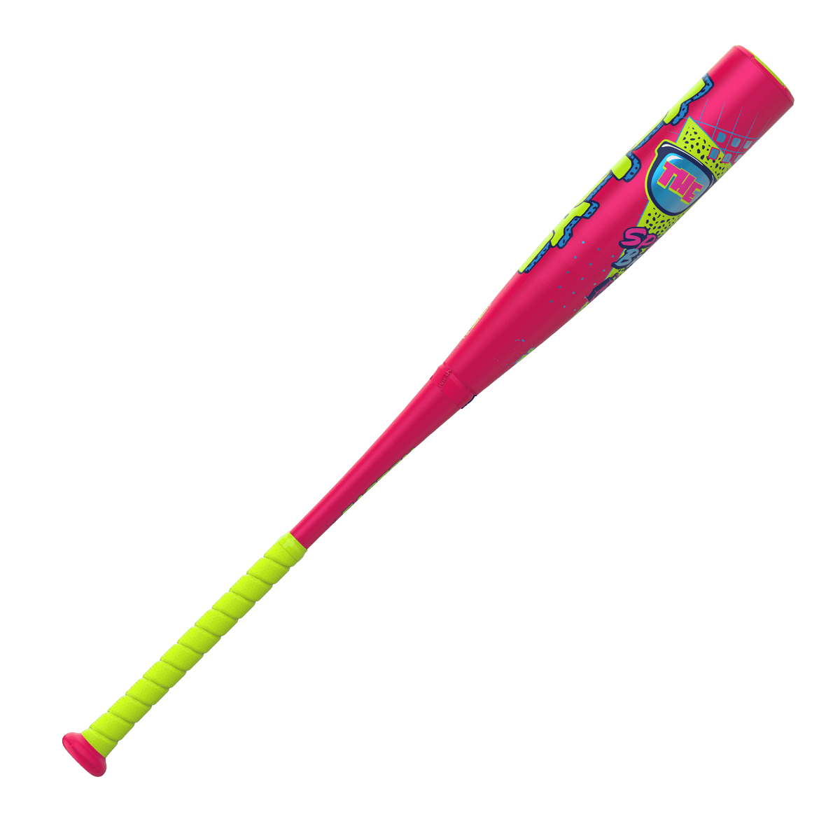 Easton The Dub USSSA (-5) Baseball Bat side view with pink barrel and neon green grip, featuring retro graphics.