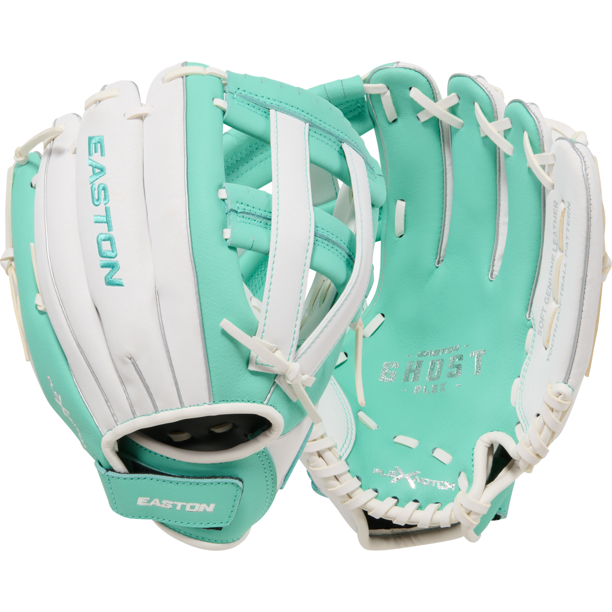 Easton Ghost Flex Youth 11 Softball Glove back and front view Arched H-Web fastpitch softball glove