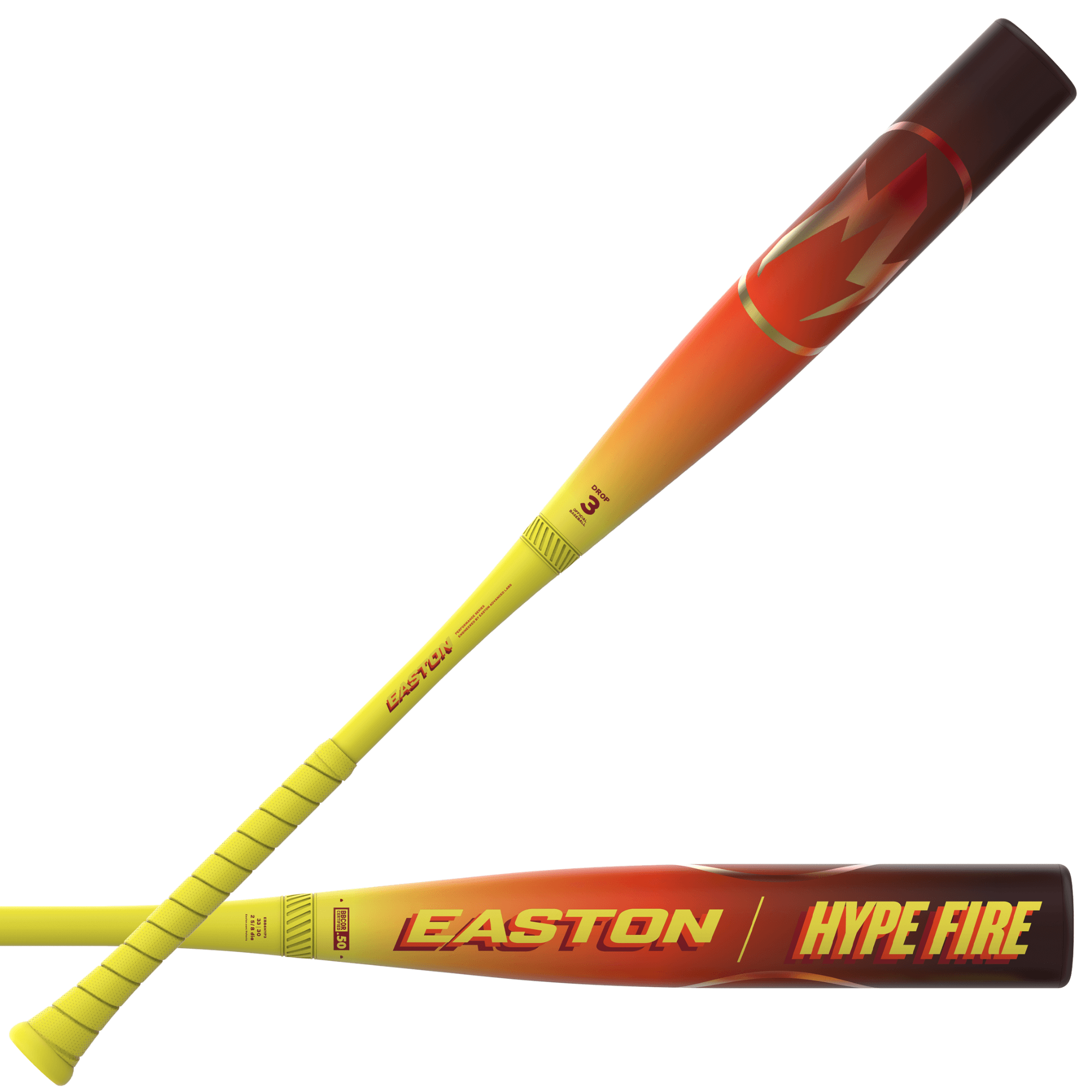 2026 Easton Hype Fire (-3) BBCOR Baseball Bat front and back view with fire-themed colorway