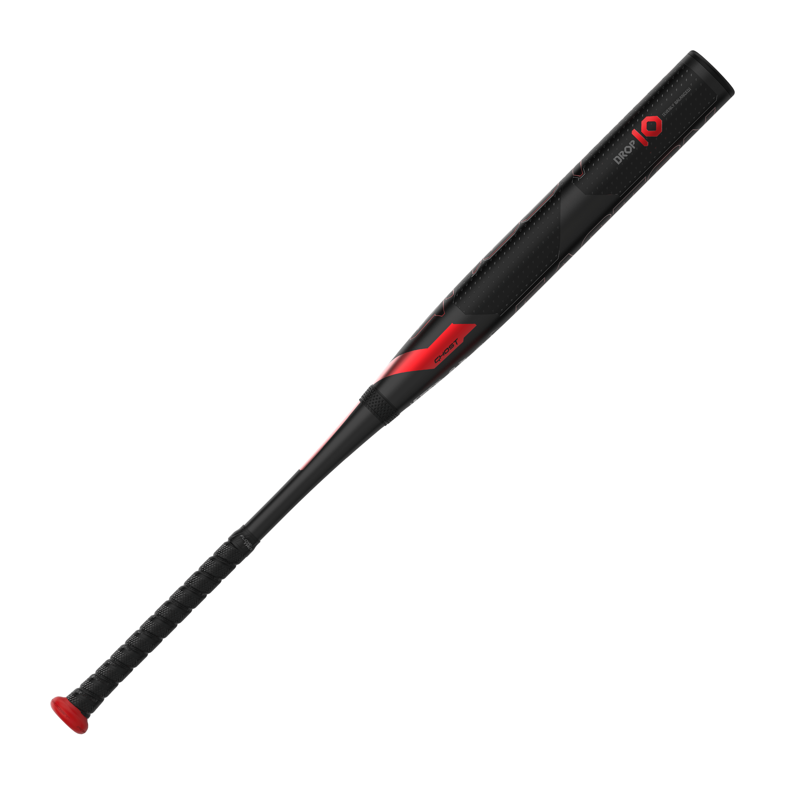 Easton 2024 Ghost Advanced -10 Fastpitch Softball Bat with black and red design, featuring a textured grip and lightweight construction.