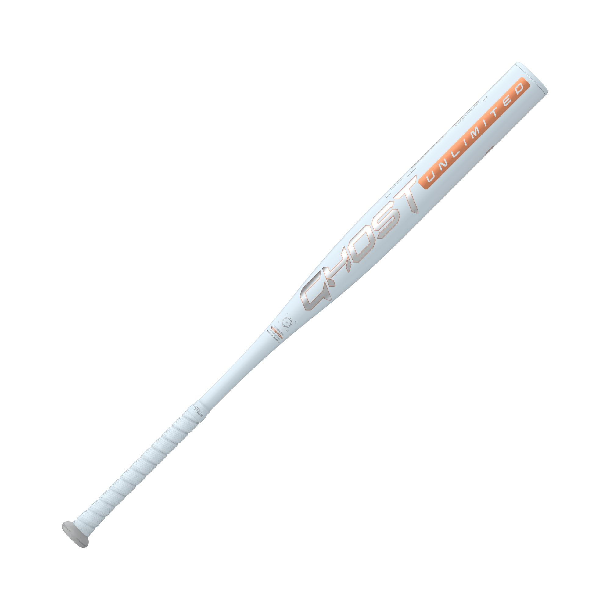 Easton 2025 Ghost Unlimited -9 Fastpitch Softball Bat featuring a white and orange design, showcasing its extended sweet spot.