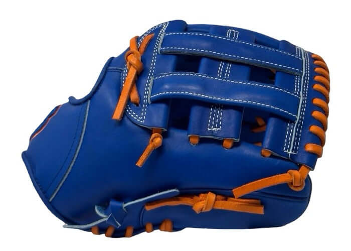 Left Side with Thumb Detail of Sacco European Kip H-Web Glove 11.5 Inch - Royal and Orange