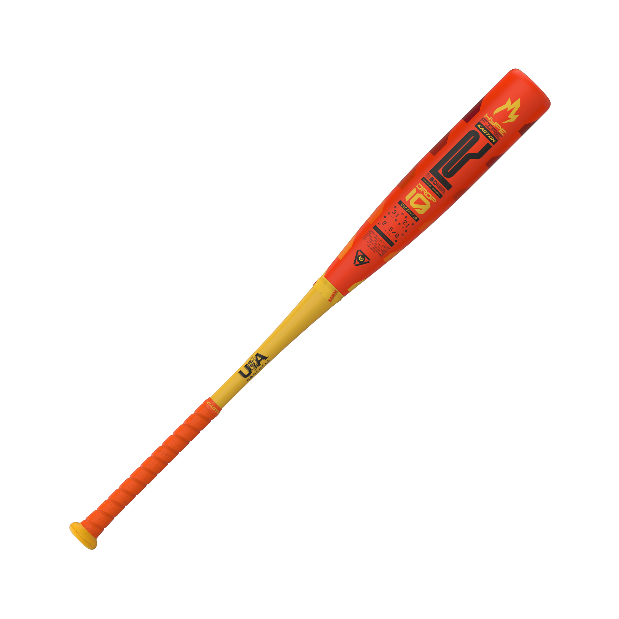 Easton Hype Fire 2025 (-10) USA baseball bat with vibrant red and yellow design, featuring advanced composite technology.