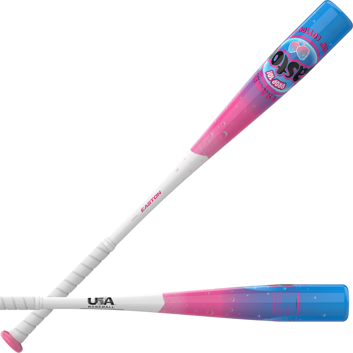 Easton Soda Slammer Cotton Candy USA Baseball Bat combination front/back view with the complete Cotton Candy colourway