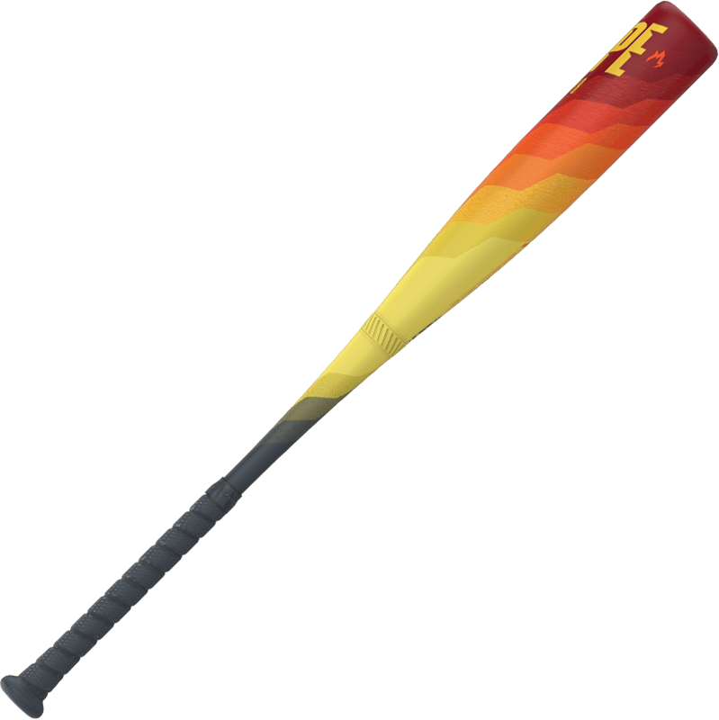 Easton Hype Fire 2024 (-8) USSSA baseball bat featuring a yellow and red gradient design with ergonomic grip.