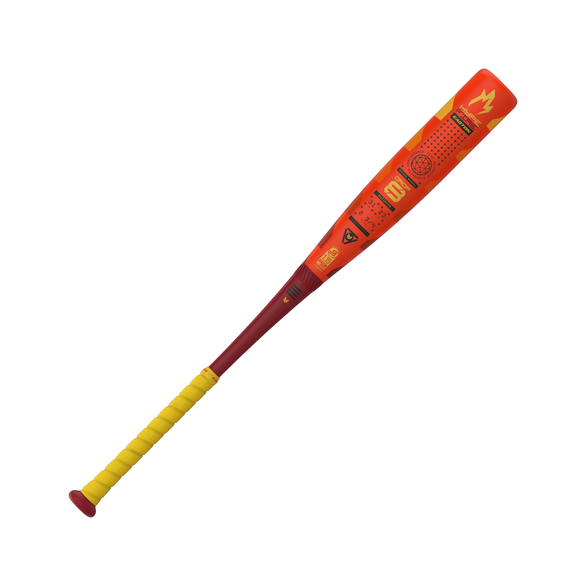 Easton Hype Fire 2025 (-8) USSSA baseball bat with red and yellow design, featuring a Thermo-Composite construction.