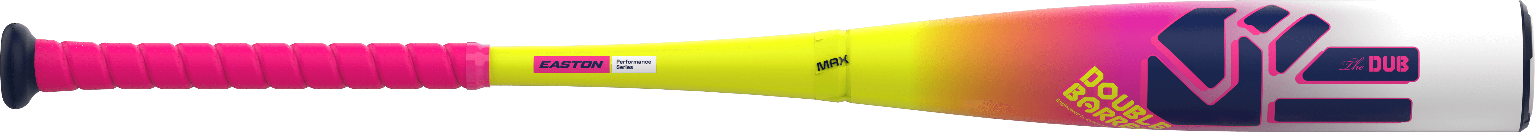 2026 Easton The DUB (-8) USSSA Baseball Bat in vibrant pink and yellow, showcasing innovative design and performance features.