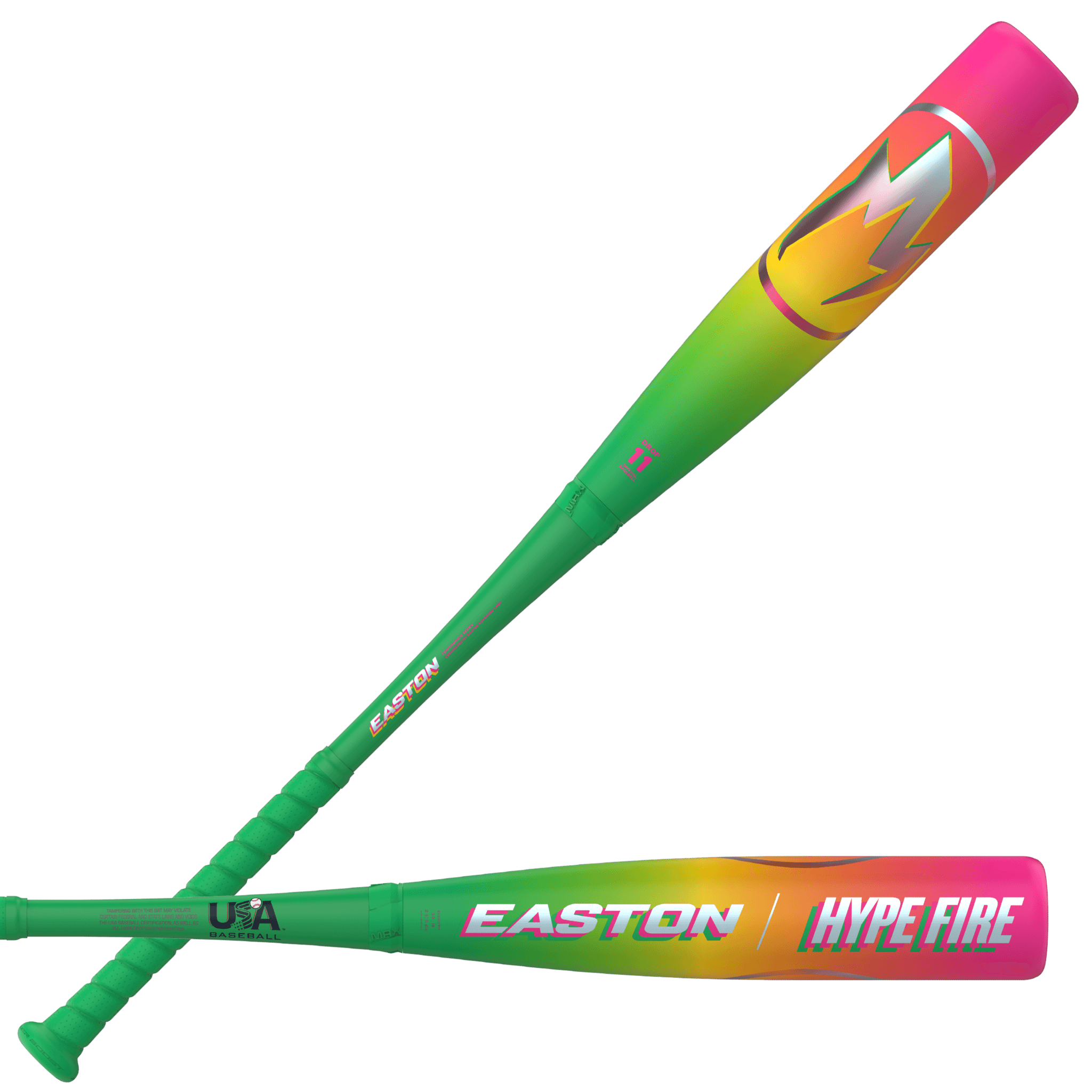 2026 Easton Hype Fire (-11) USA Baseball Bat front and back view with neon green to hot pink thermal fade design