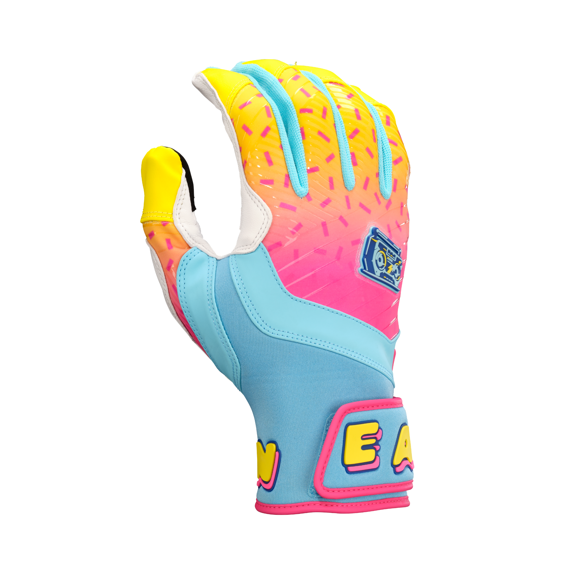 Easton Walk-Off Ethos Youth Batting Gloves - Light Blue/Pink, backhand view with colorful design and logo patch