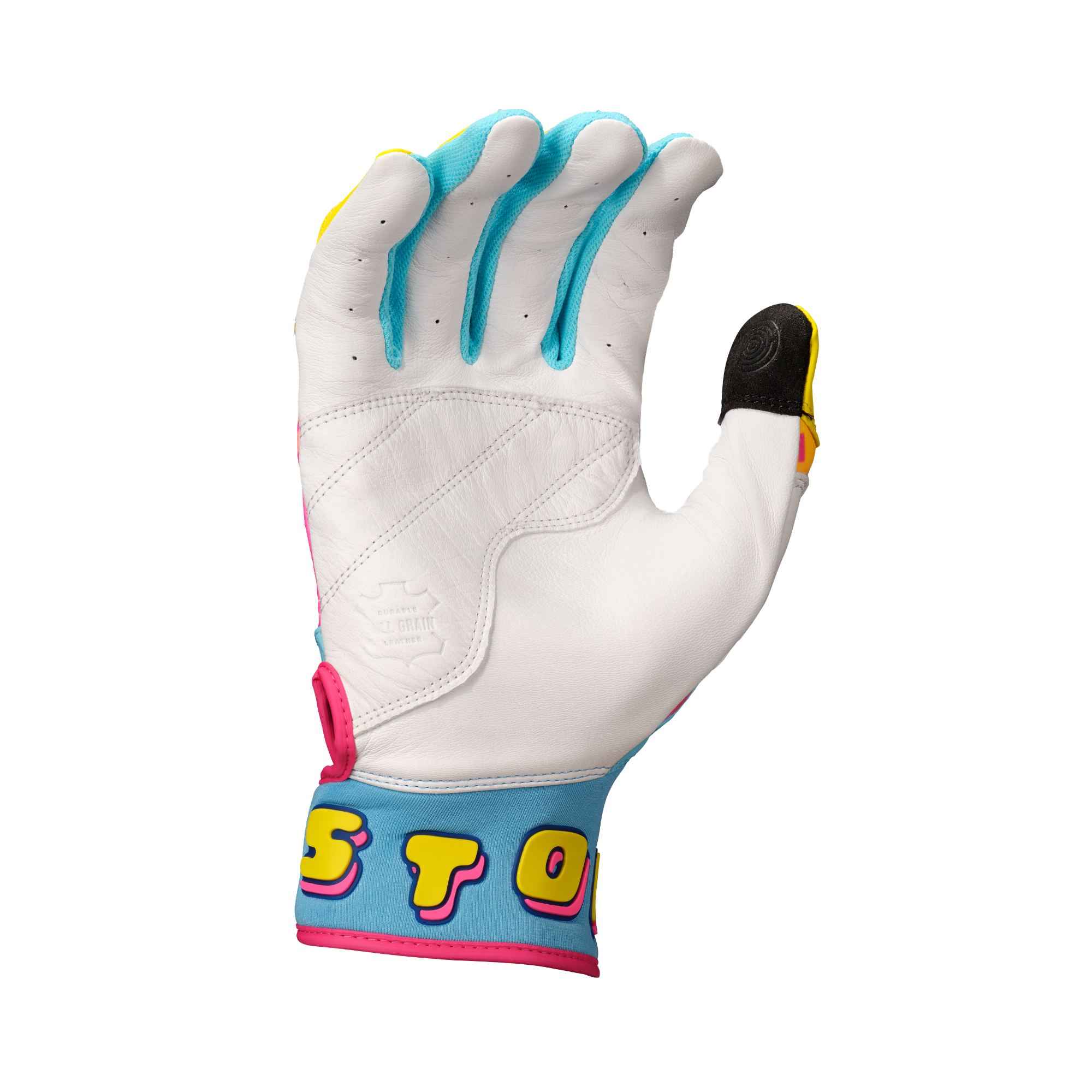 Easton Walk-Off Ethos Youth Batting Gloves - Light Blue/Pink palm view with colorful wristband and black thumb pad.