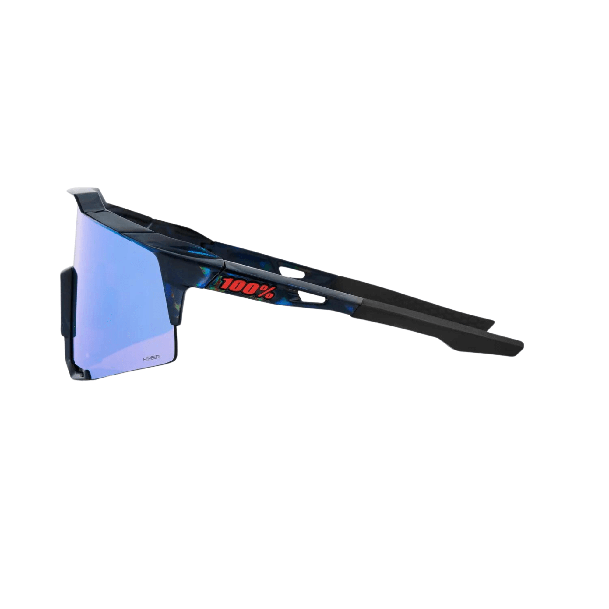 100% Speedcraft sunglasses with black frame and holographic blue mirror lens for optimal visibility and UV protection.