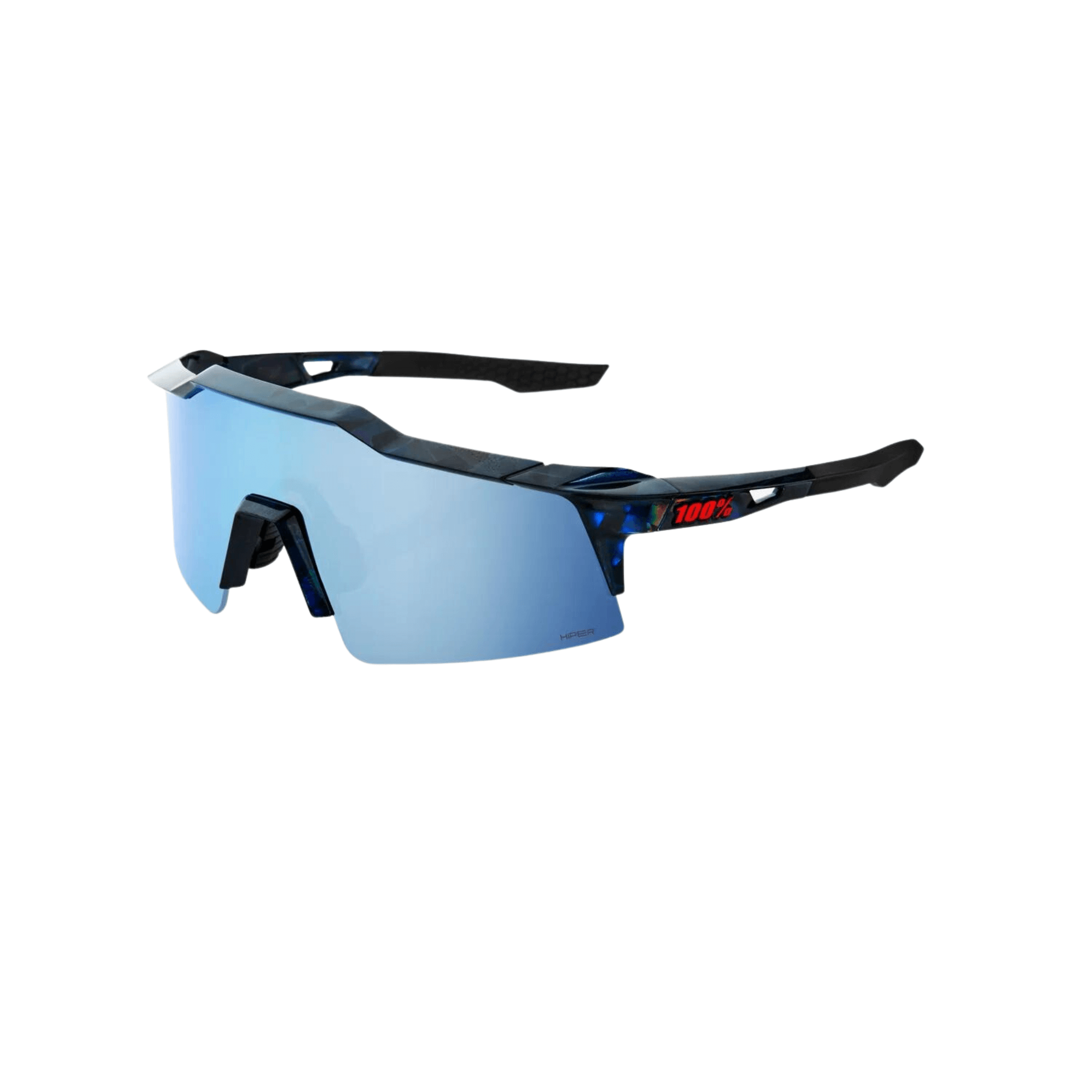 100% Speedcraft SL sunglasses with black frame and blue mirror lenses, designed for optimal protection and visibility.