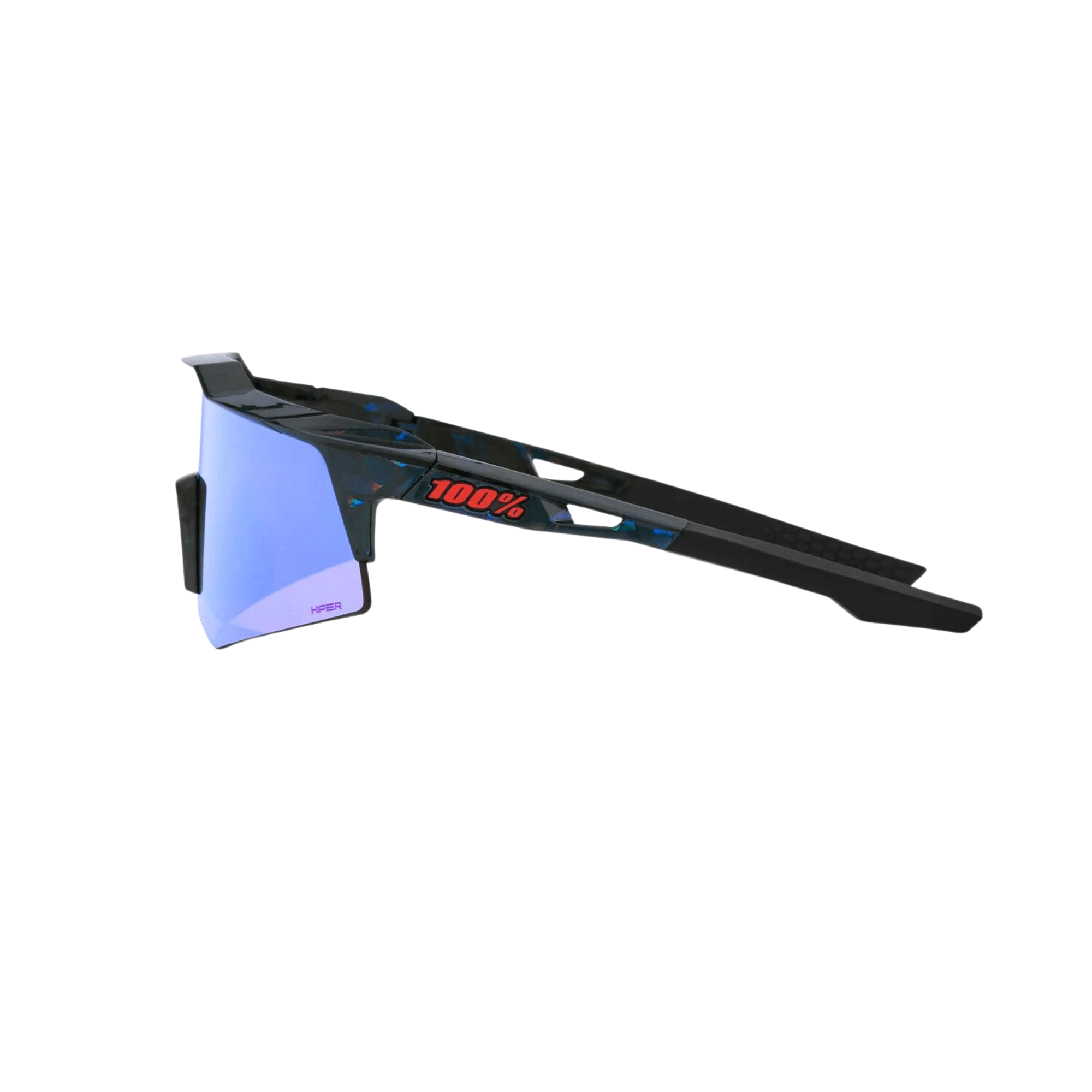 100% Speedcraft XS Black holographic sunglasses with blue multilayer mirror lens, designed for optimal visibility and protection.