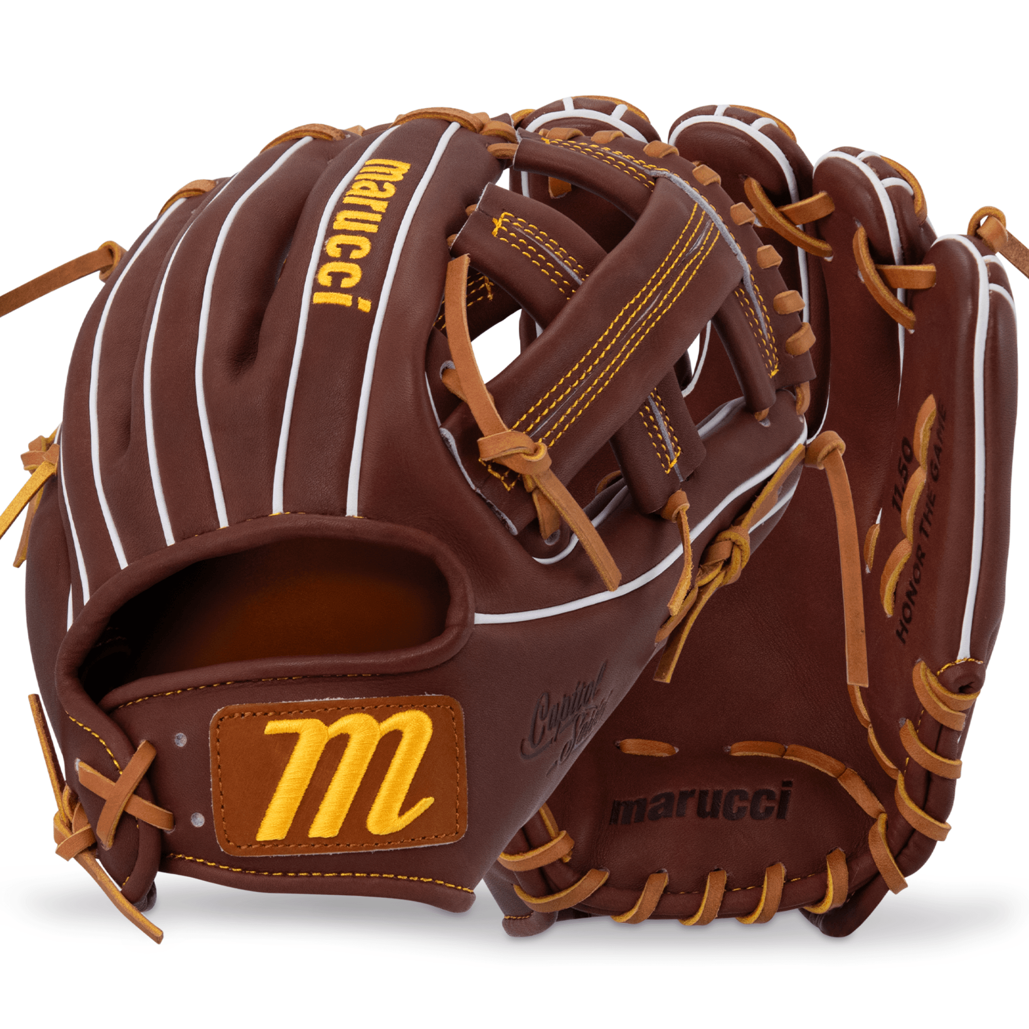 Marucci Capitol M Type 43A4 11.5" Single Post Baseball Glove RHT hero view, brown with yellow accents