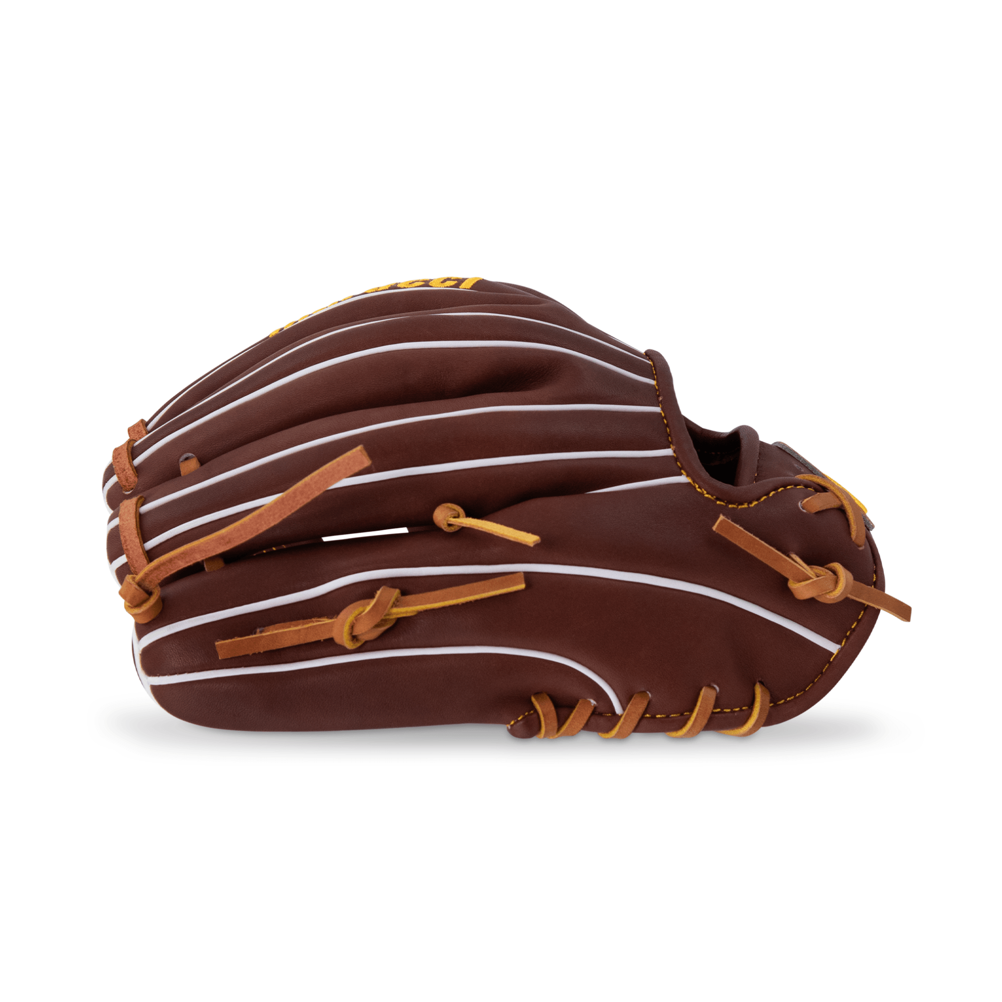 Marucci Capitol M Type 43A4 11.5" Single Post Baseball Glove RHT side view, brown with white lacing and stitching