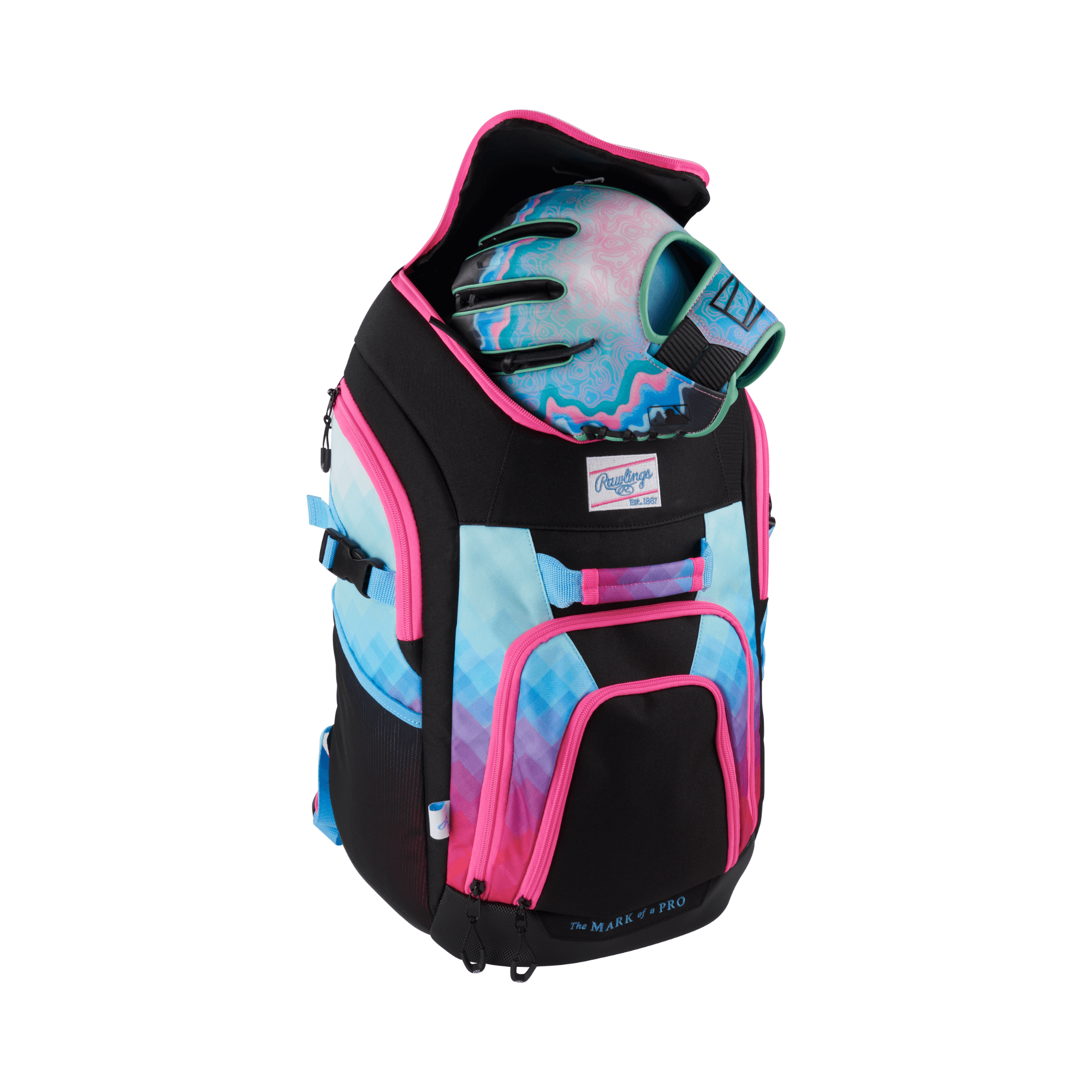 Rawlings Franchise 2 Players Backpack in Miami colors, featuring secure glove storage and convertible main compartment for easy access.