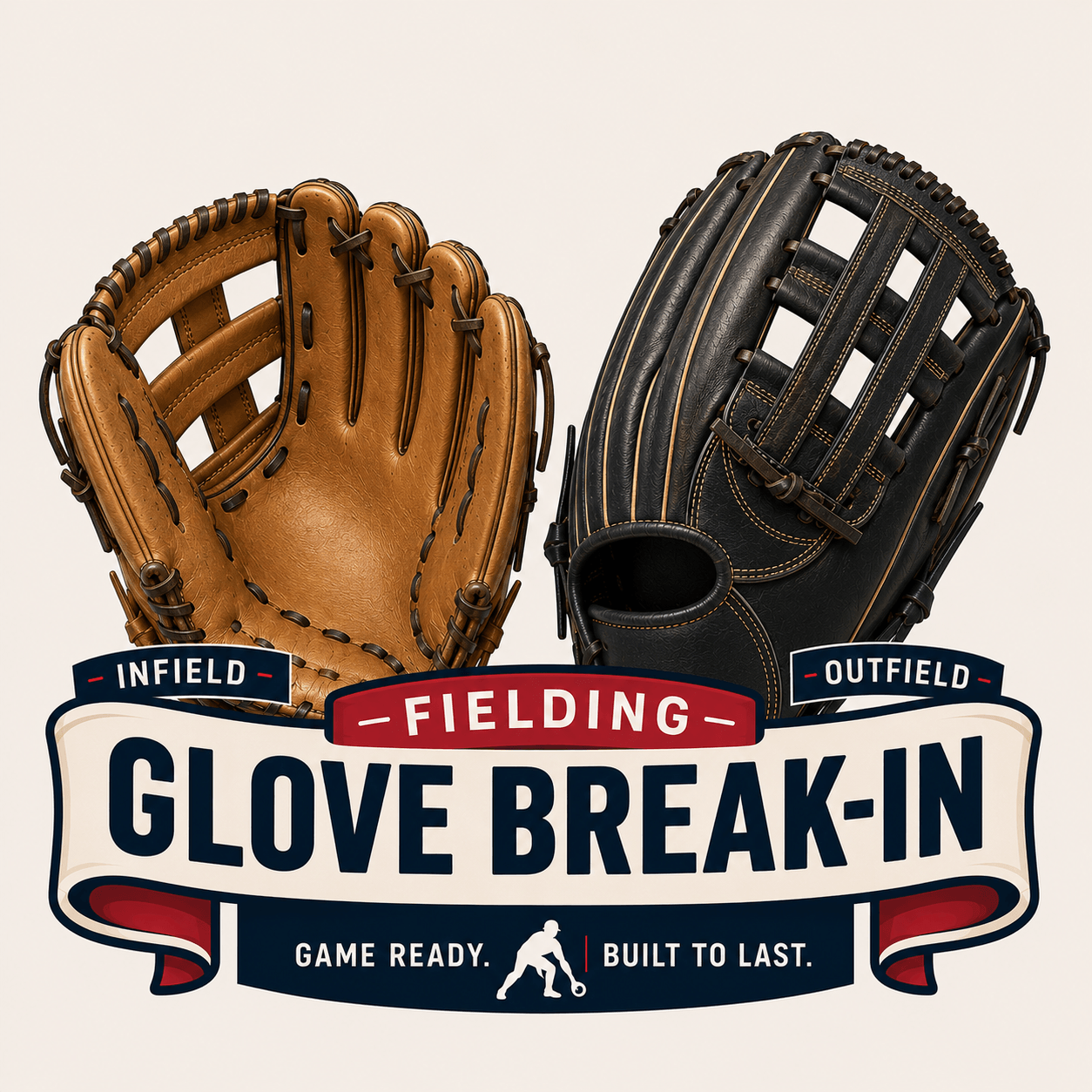 Two Fielding Gloves - Game Ready Break-In, infield and outfield, tan and black, displaying I-web and closed web design.
