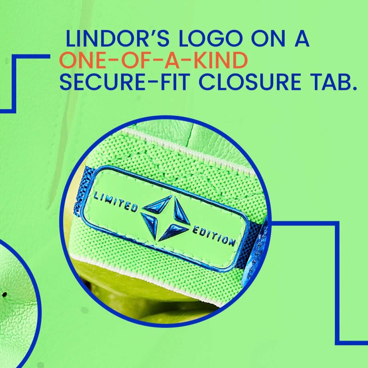 Close-up of Lindor's logo on a unique secure-fit closure tab of limited edition batting gloves.