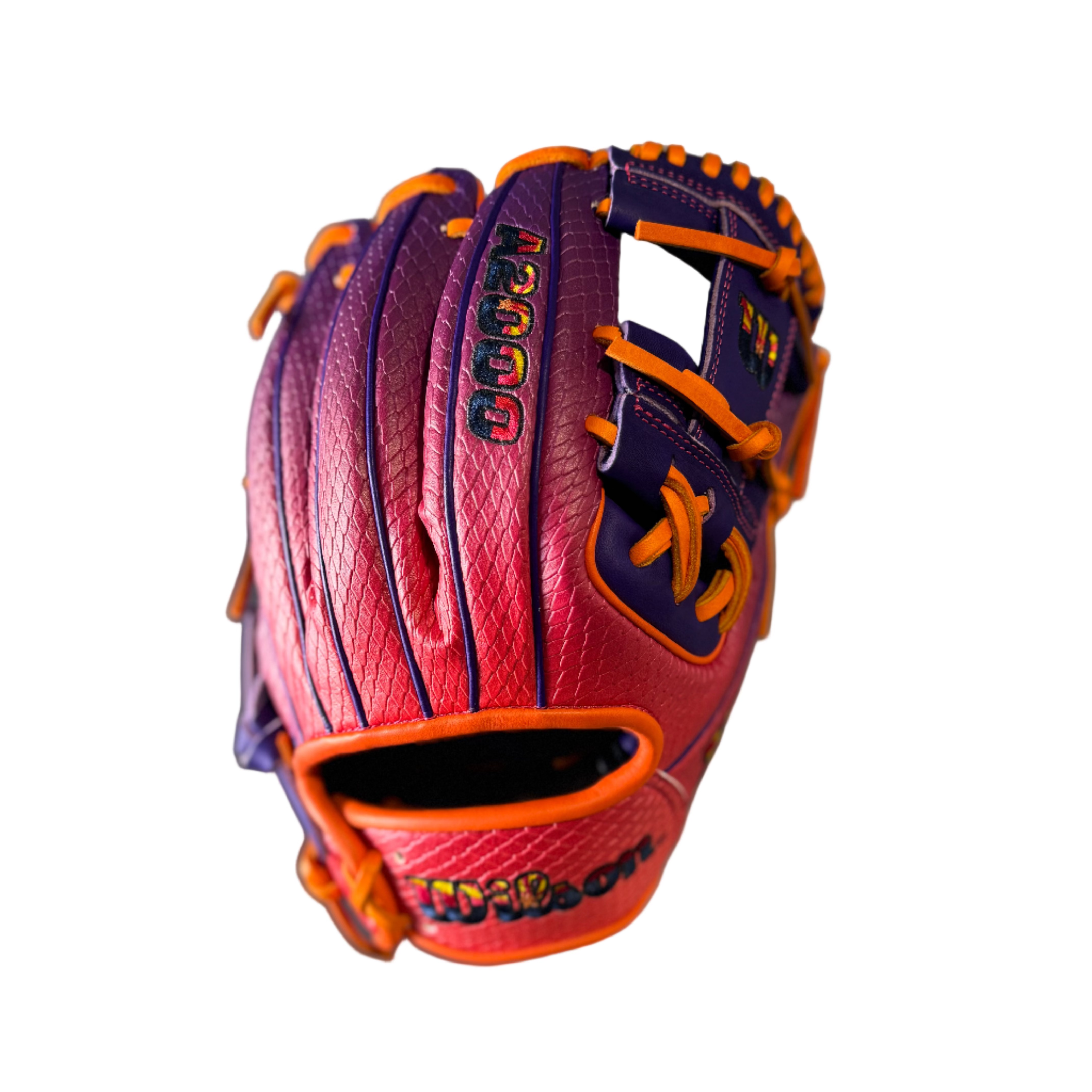 Wilson A2000 Arizona Sunset glove back view showing Wilson logo, dual welting, and vibrant colorway.