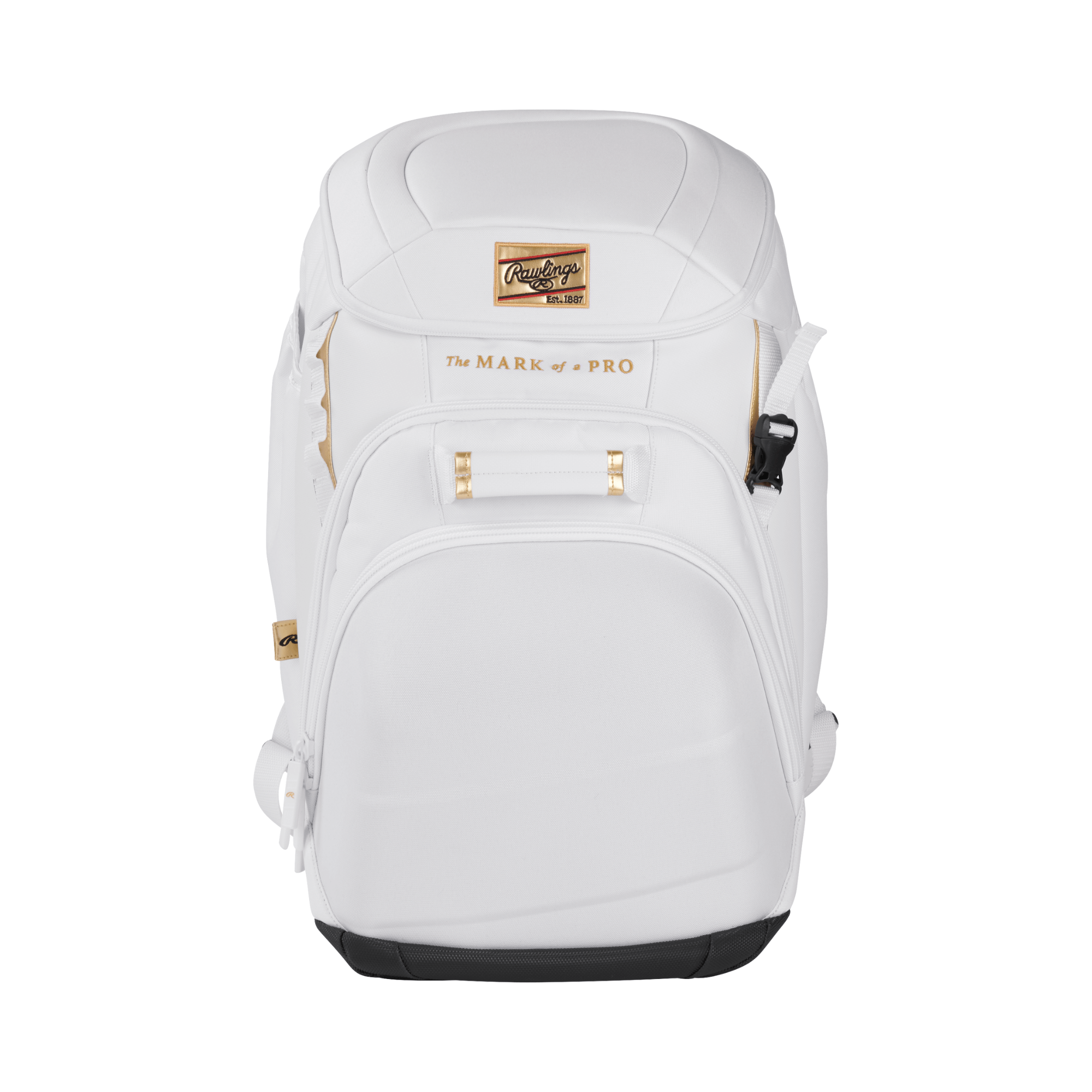 Rawlings Gold Collection Backpack with white design and gold accents, ideal for ballplayers.
