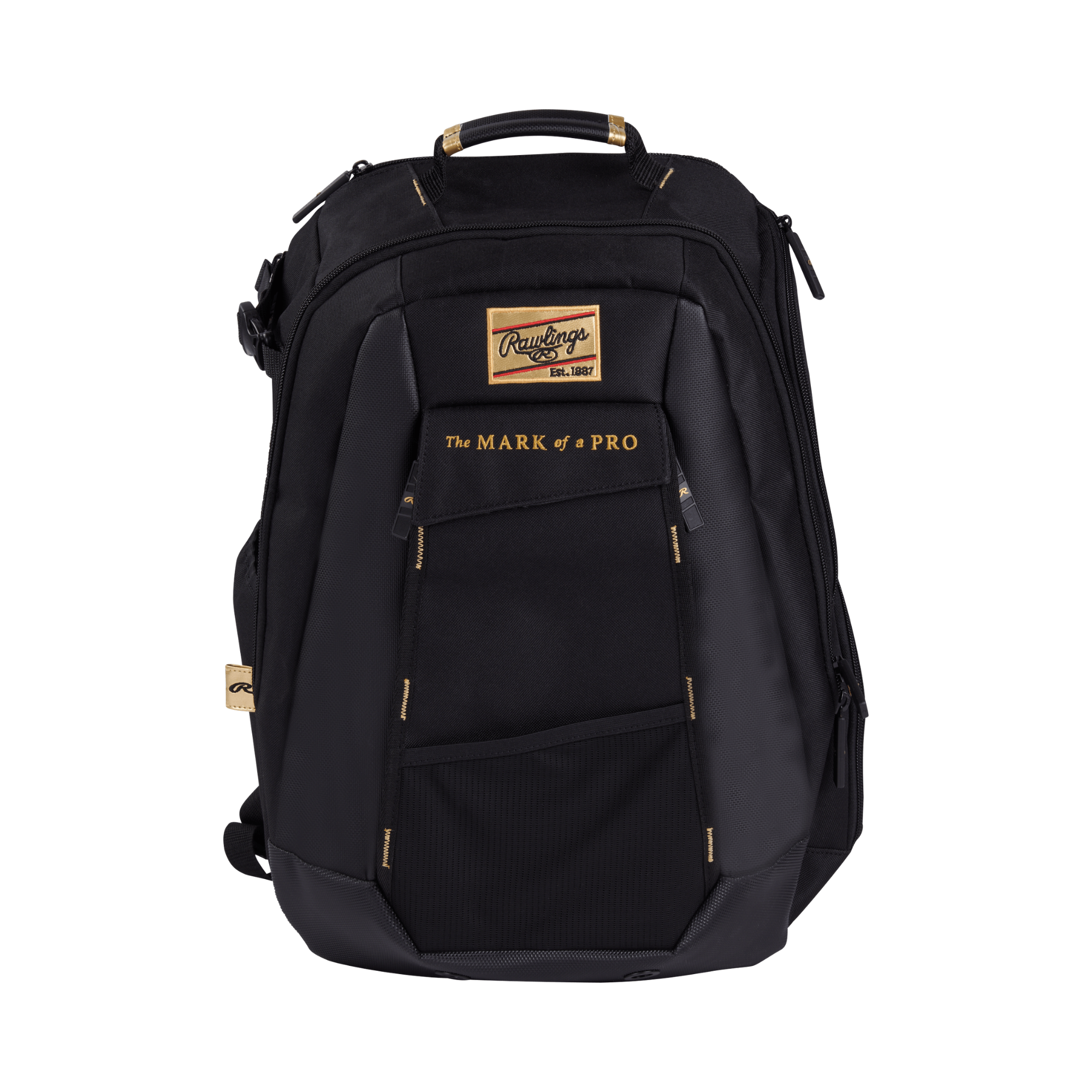 Rawlings Gold Collection Utility Backpack front view with Gold Glove patch and Speed Shell material.