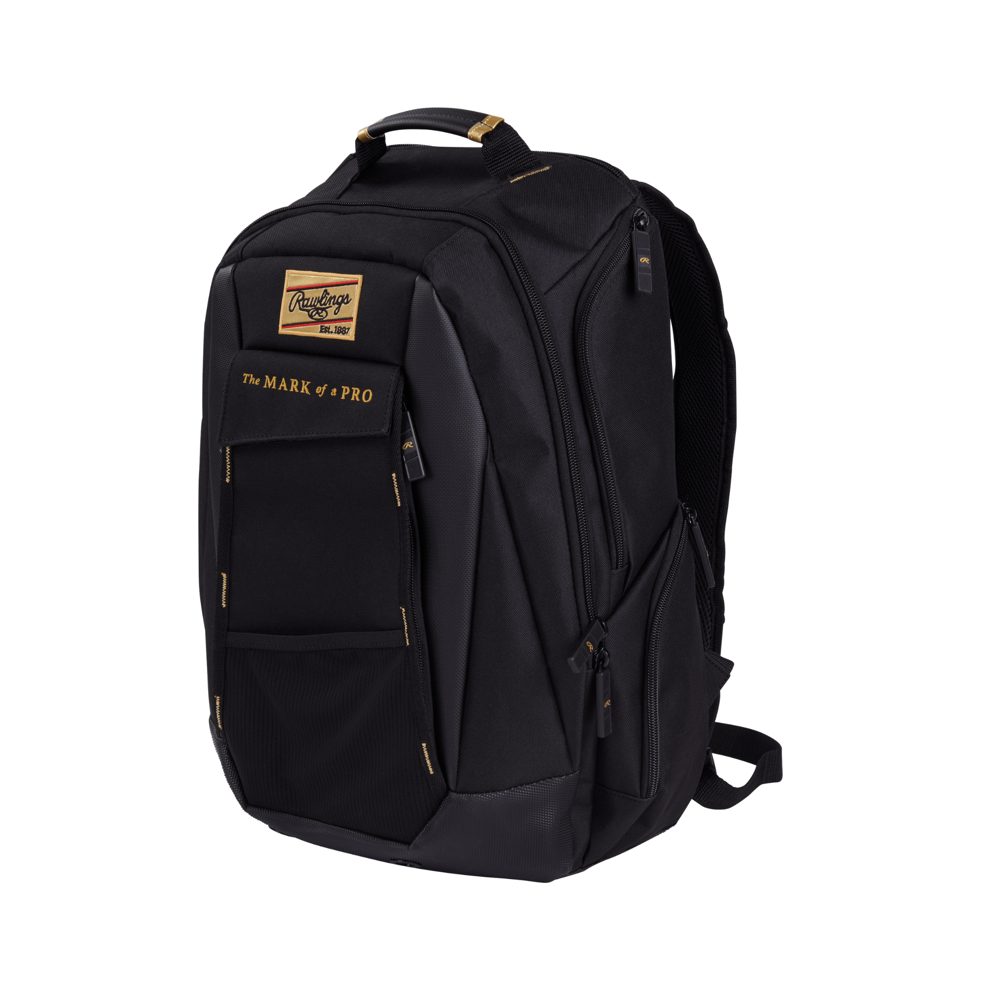 Rawlings Gold Collection Utility Backpack side view showing bat sleeve and accessory pockets.