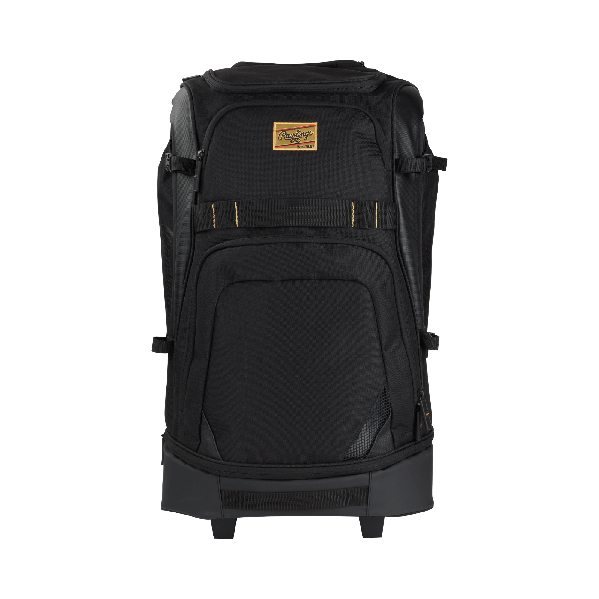 Rawlings Gold Collection Wheeled Bag front view with gold accents Solid Black