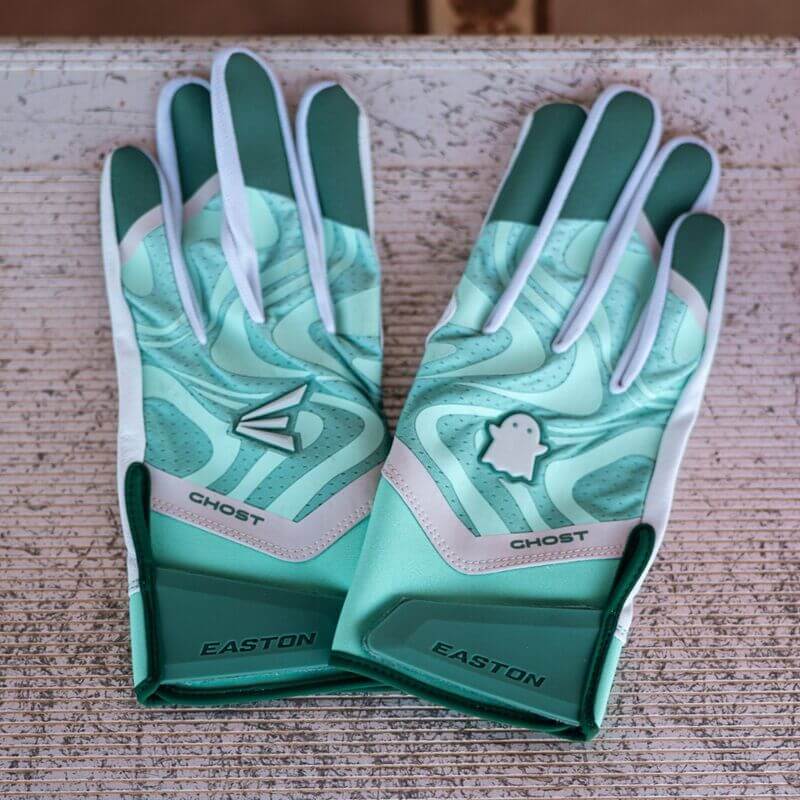 Womens Ghost Ethos Unlimited Fastpitch Batting Gloves backhand view with teal and white design.